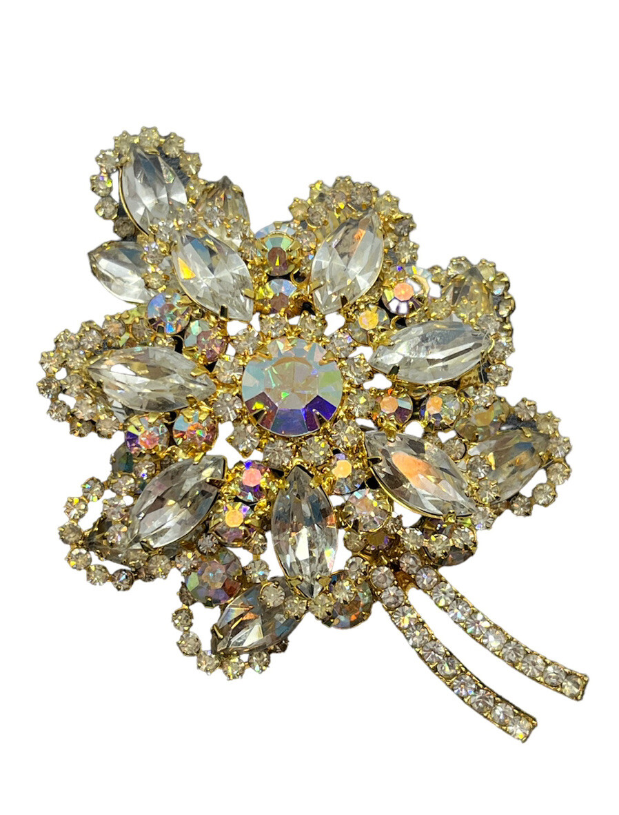 DeLizza and Elster Juliana clear & aurora borealis AB rhinestone leaf brooch pin