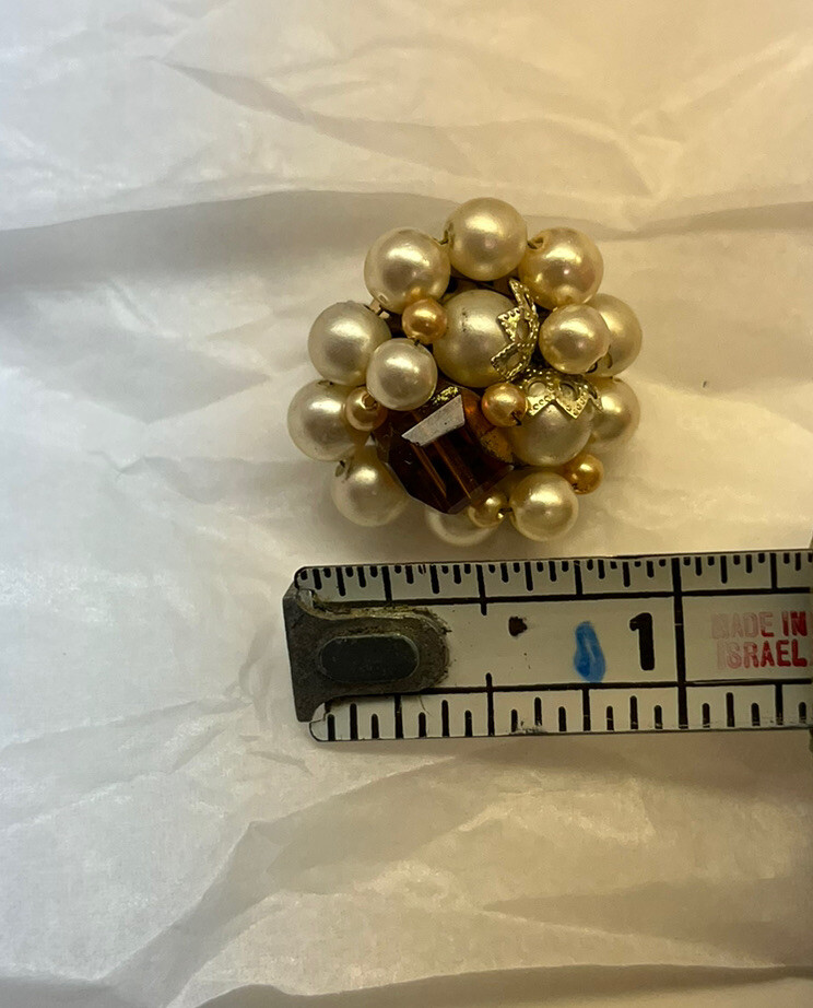 Vintage Faux Pearl Clip On Earrings Cluster Round Brown Crystal Japan 1”