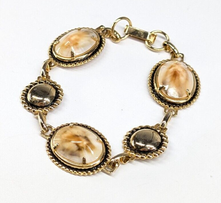 Vintage Real Seashell Shell Gold Tone Tennis Bracelet 3/4″ Wide 7″ Long