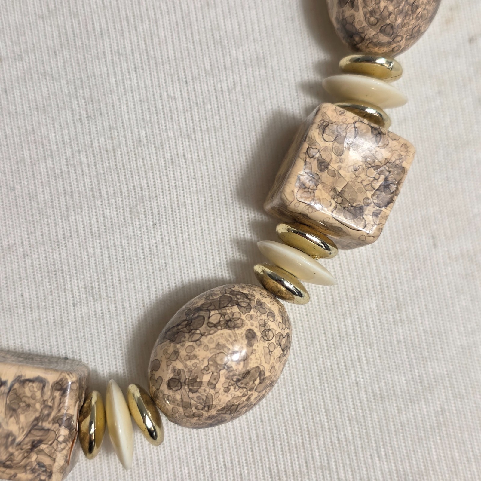 Beaded Statement Necklace Square & Round Beads Flat Gold & White Spacers