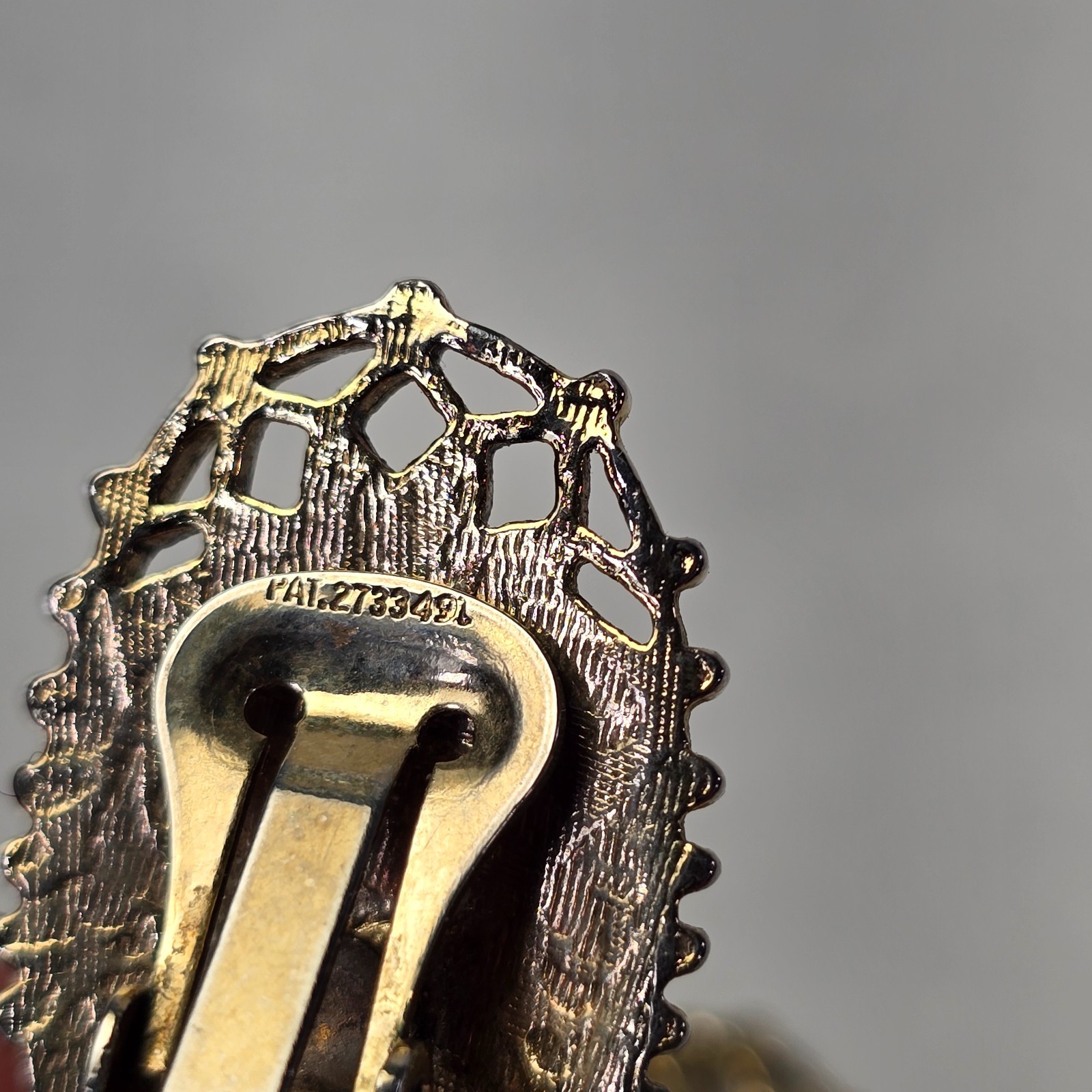 Vintage Gold Tone Filigree Oval Clip On Earrings Patent 2733491 Mid Century