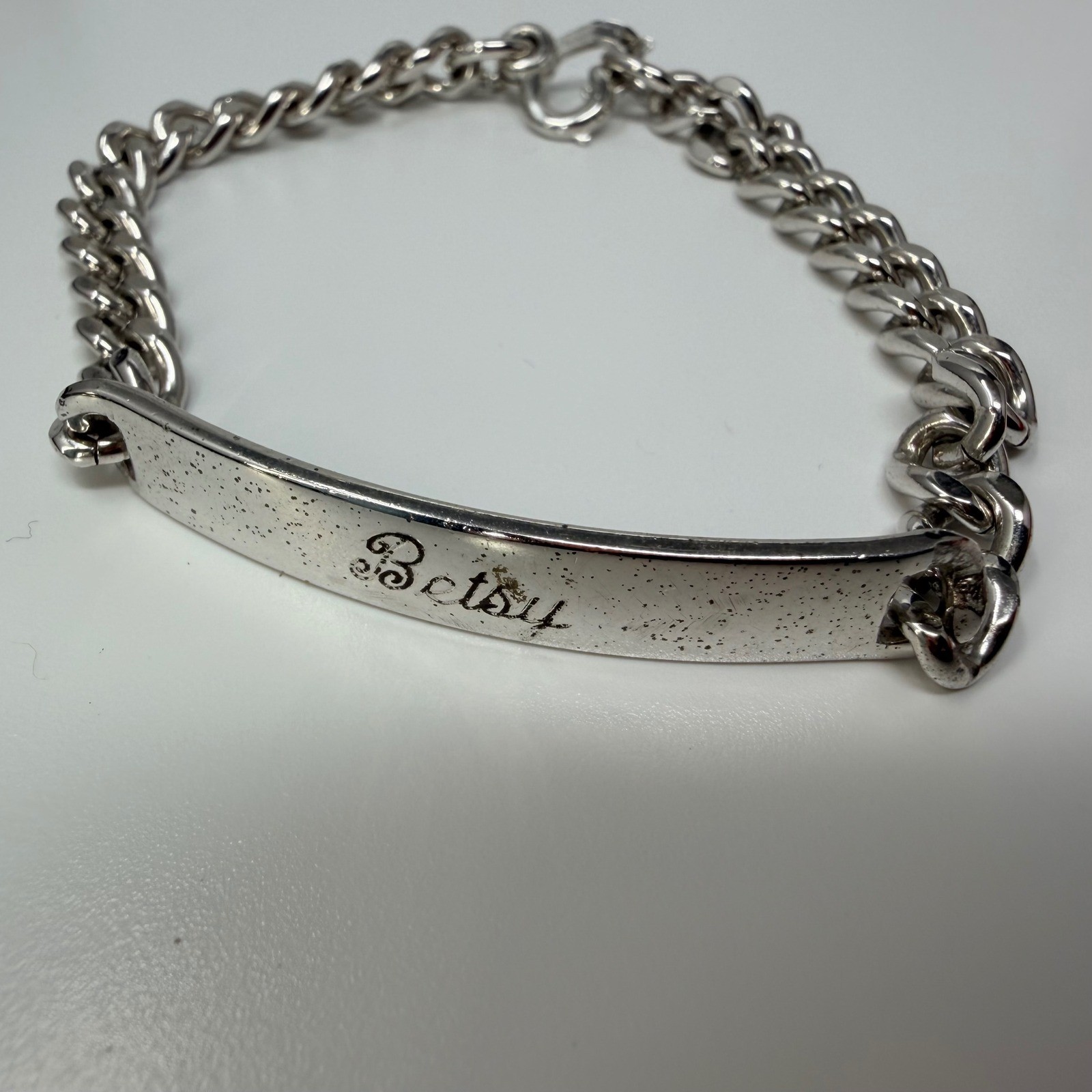 Elco Sterling Silver ID Bracelet Betsy Engraved Curb Chain Heart Clasp 7.25in