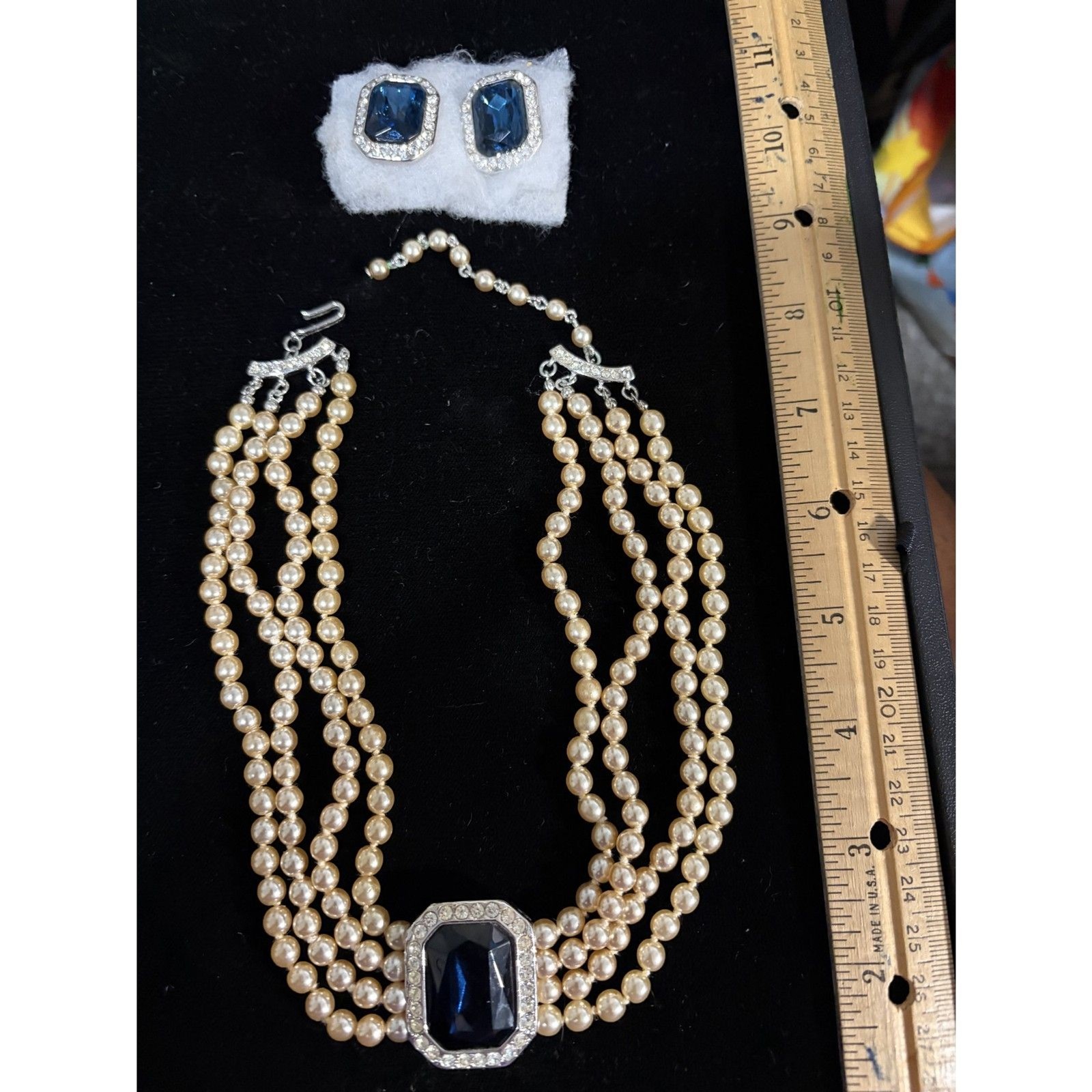 Kenneth Jay Lane Signed, 4 Strand Faux Pearl Choker with Central Sapphireed Ear