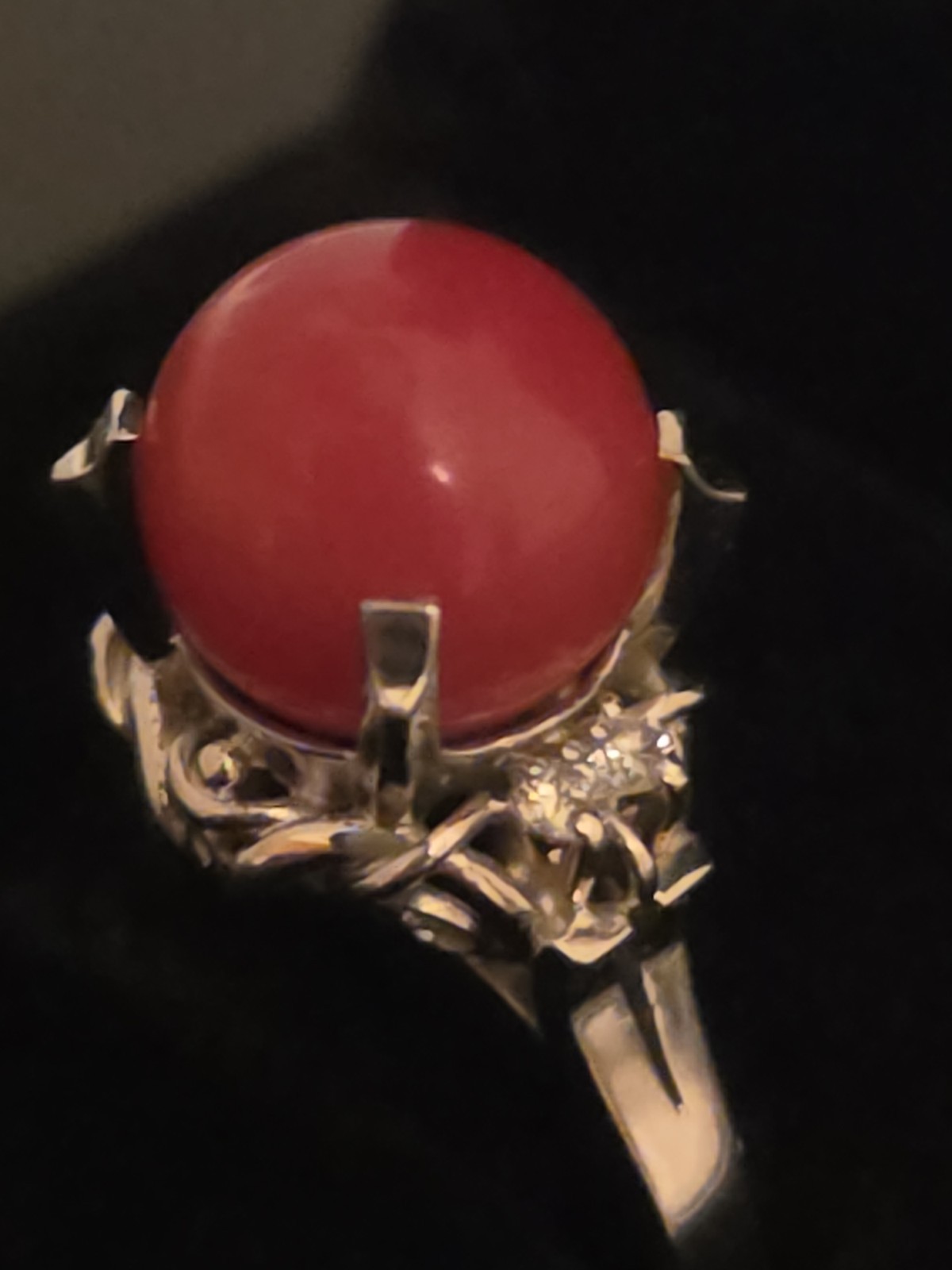 Antique 19th Century 900 Platinum Natural Coral & Diamonds Ring Sz 5-3/4