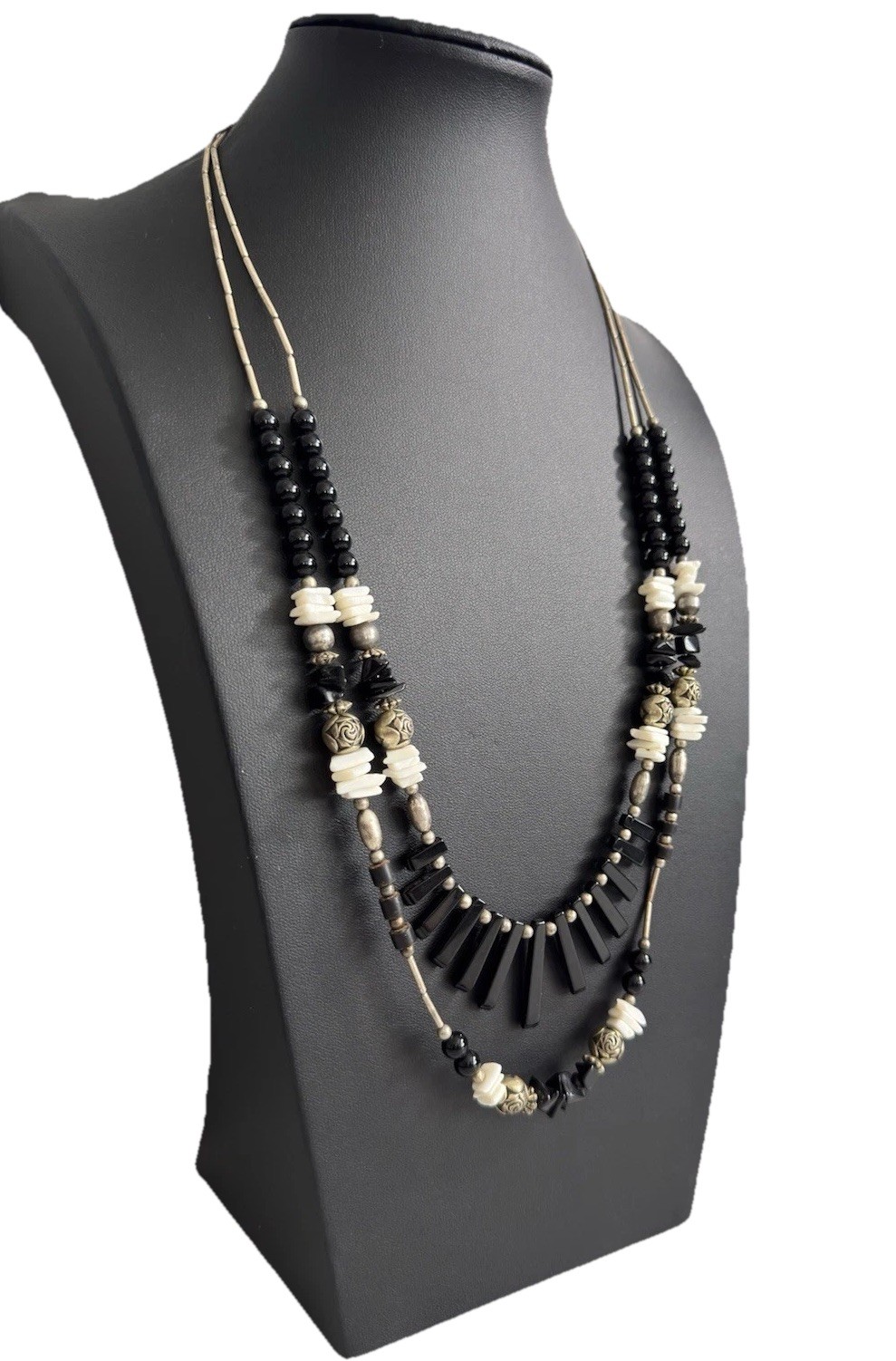 Vtg Silver Tone Liquid Silver Black Onyx Bead & Fringe 2-Strand Layered Necklace