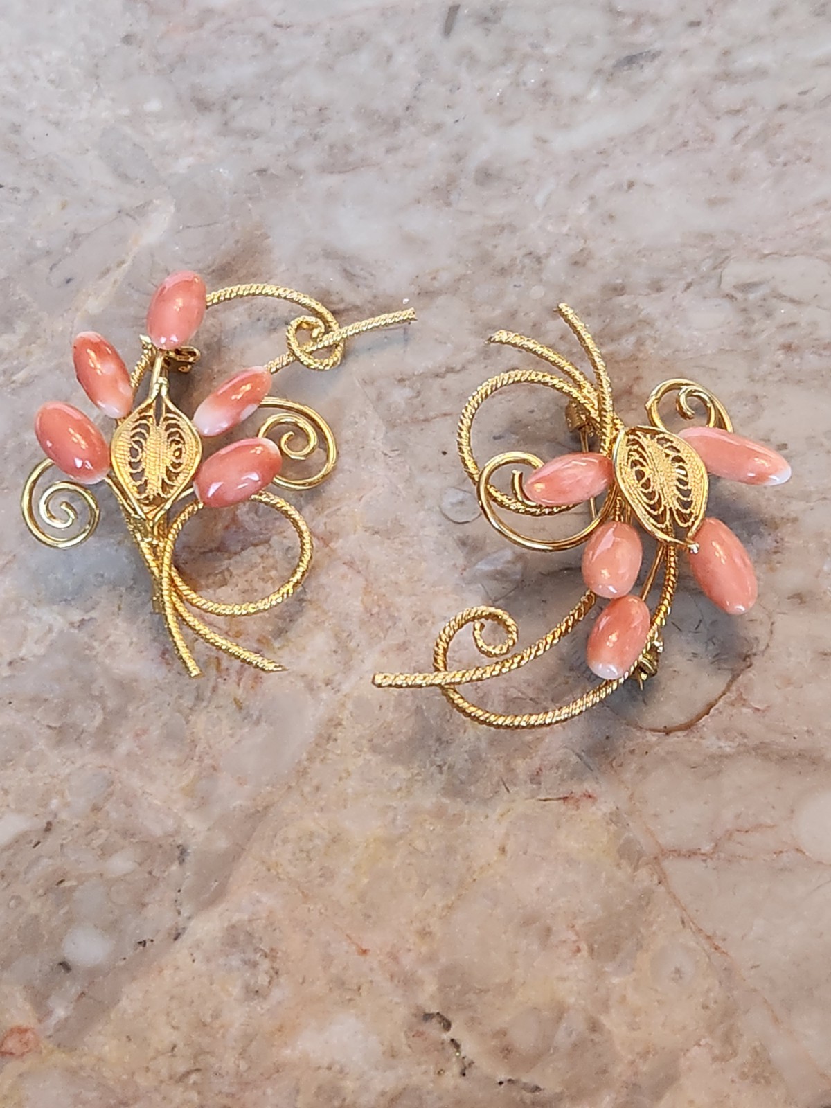 Vintage Angel Skin Coral Oblong Stones Goldtone Cannetille Flower Spray Brooches