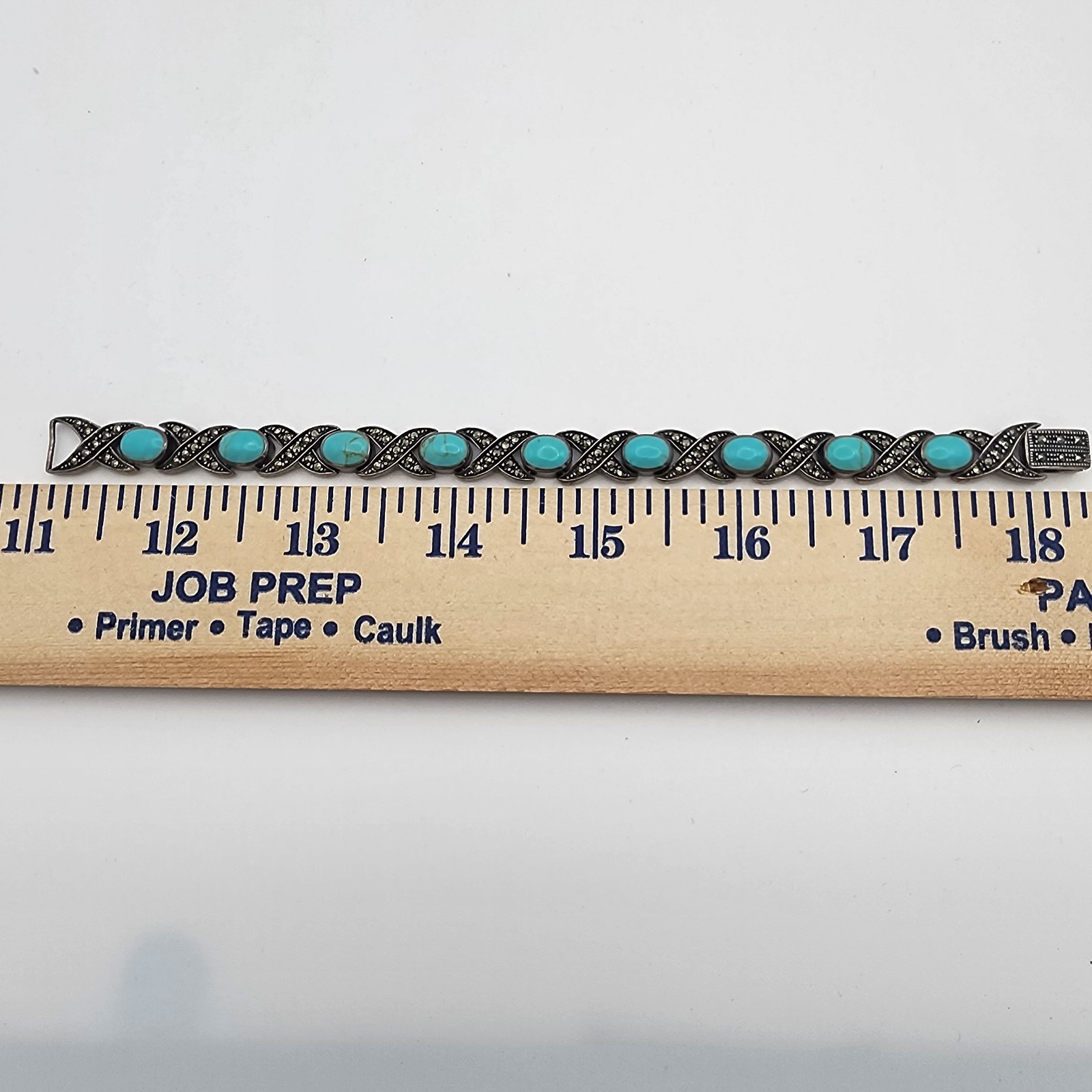 VTG FAS 925 Sterling Silver Marcasite Turquoise XO Link Bracelet 7.25in GUC
