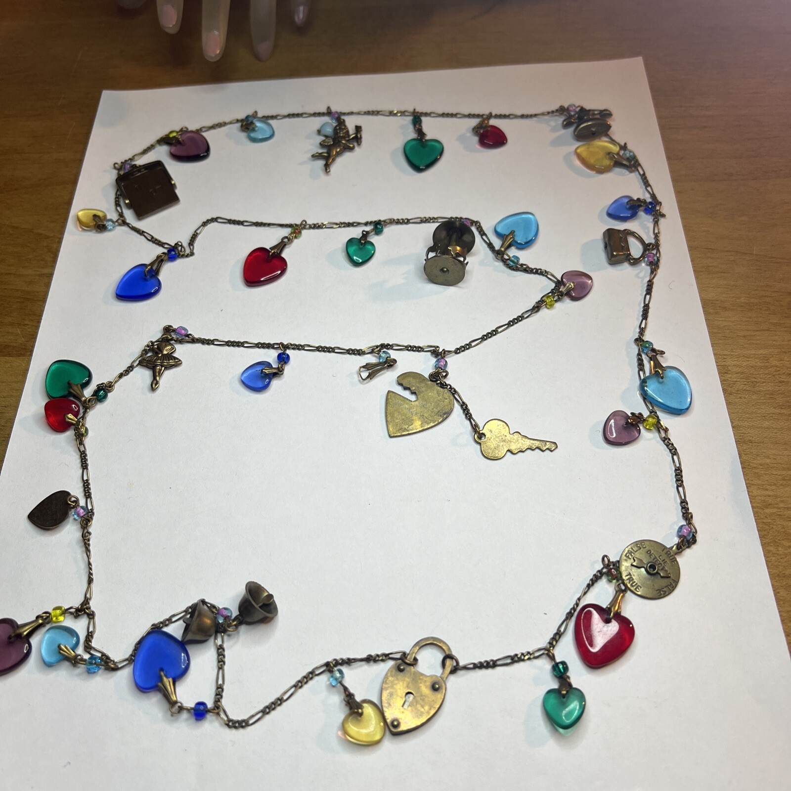 Vintage Glass Works Studio Necklace Unsigned Hearts Brass Charms Cherub