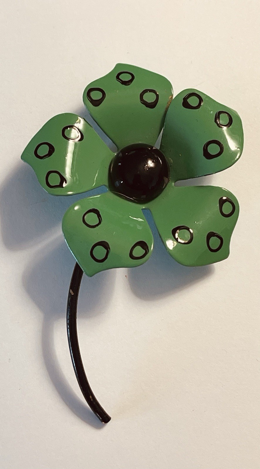 Vintage Enamel Dark Green With Black Accents Daisy Flower on Stem Pin Brooch