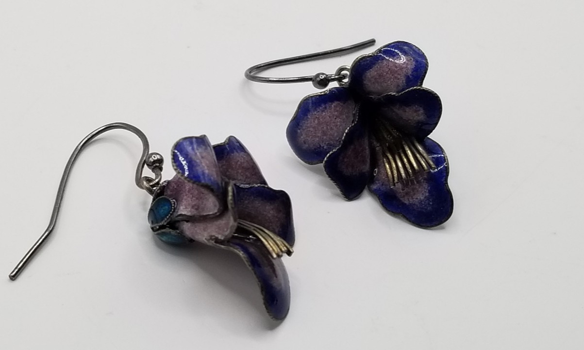 Vtg 925 Sterling Silver Purple & Blue Enameled 3D Pansy Flower Dangle Earrings