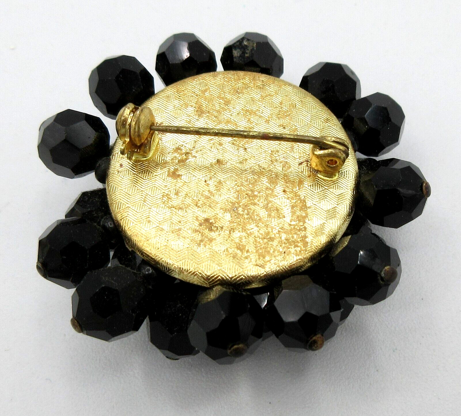 Vtg black cluster bead gold tone FLOWER GEOMETRIC 3D Brooch Pin Costume Jewelry
