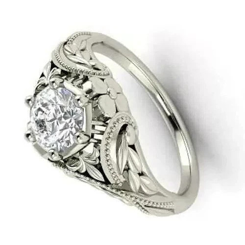 Vintage Art Deco Style Lab Created Diamond Engagement 14K White Gold Finish Ring