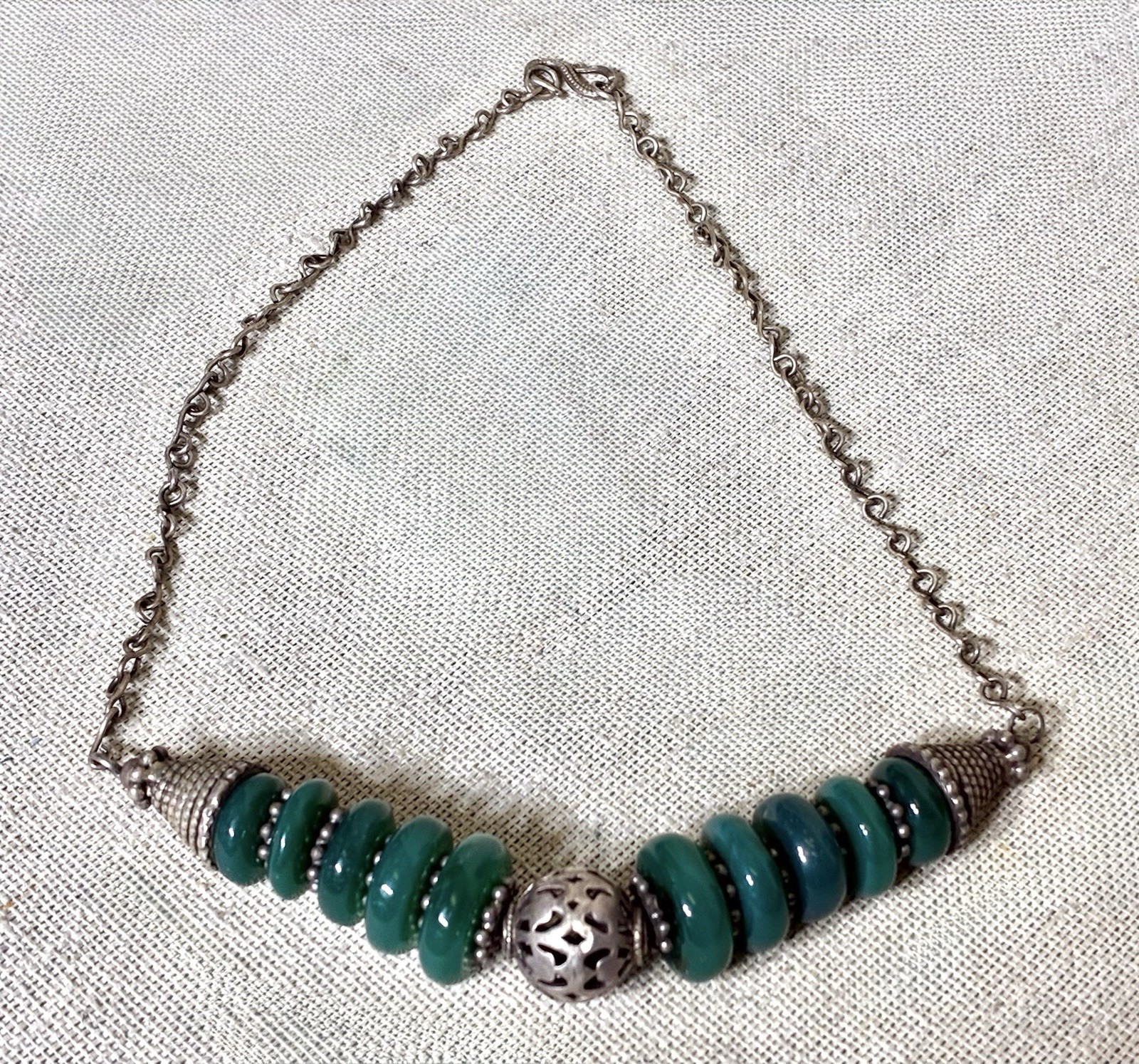Vintage Moroccan Berber Style Sterling Silver Green Agate Bead Necklace 52g