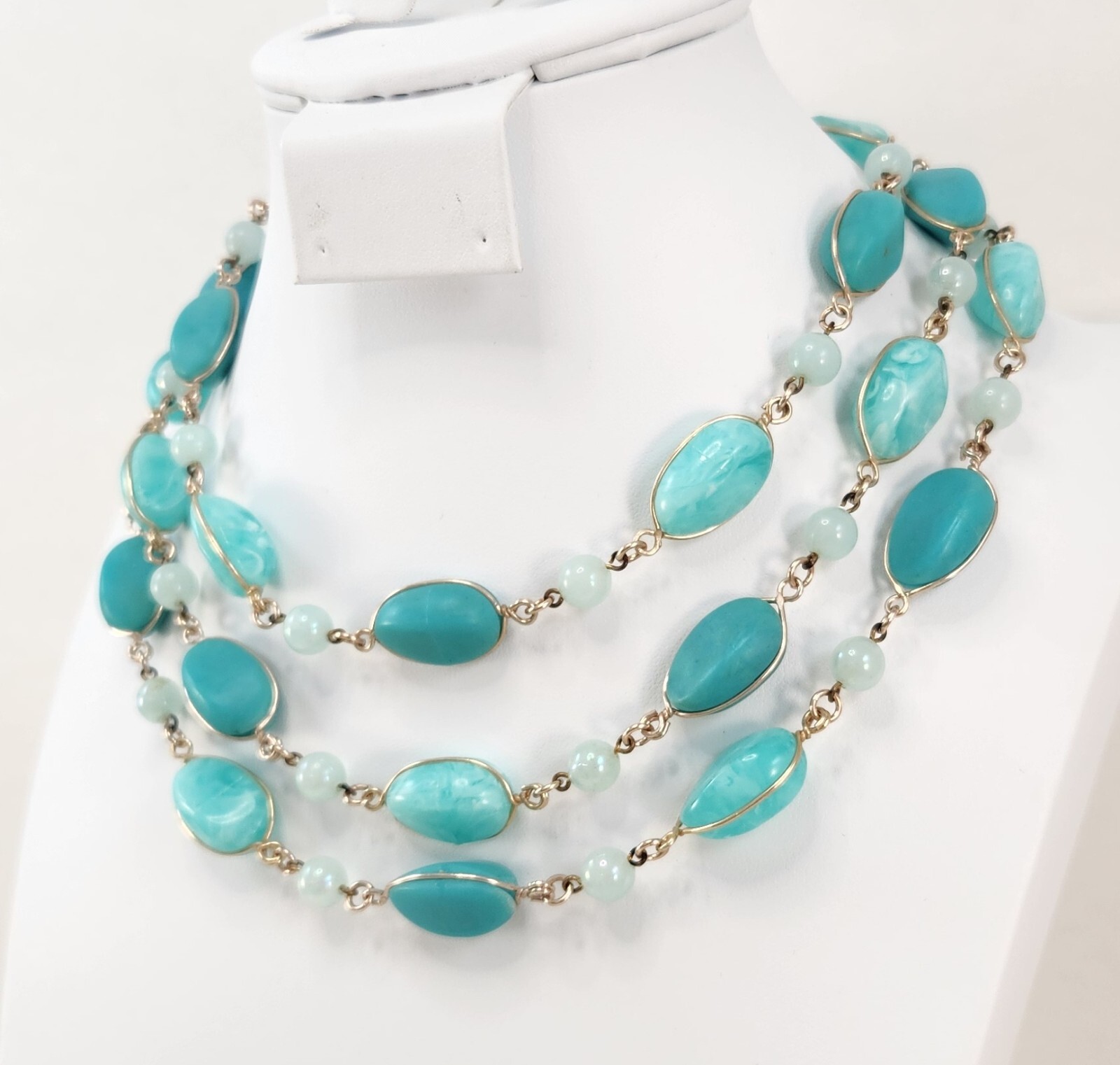 Vintage Western Germany Multi Strand Choker Necklace Beaded Blue 15 in-17.5 in