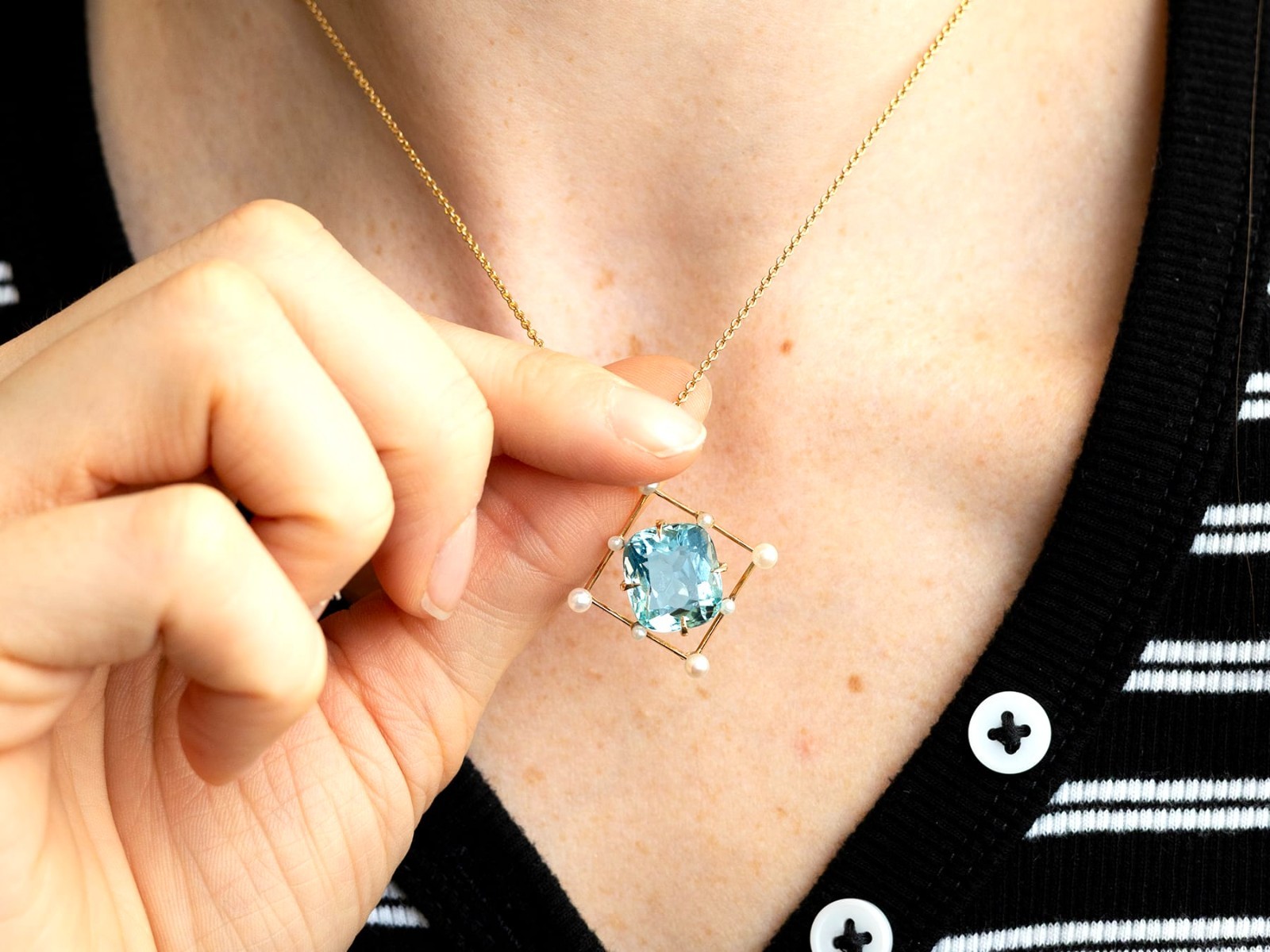 Antique 8.50Ct Aquamarine and Pearl 12k Yellow Gold Pendant Circa 1930