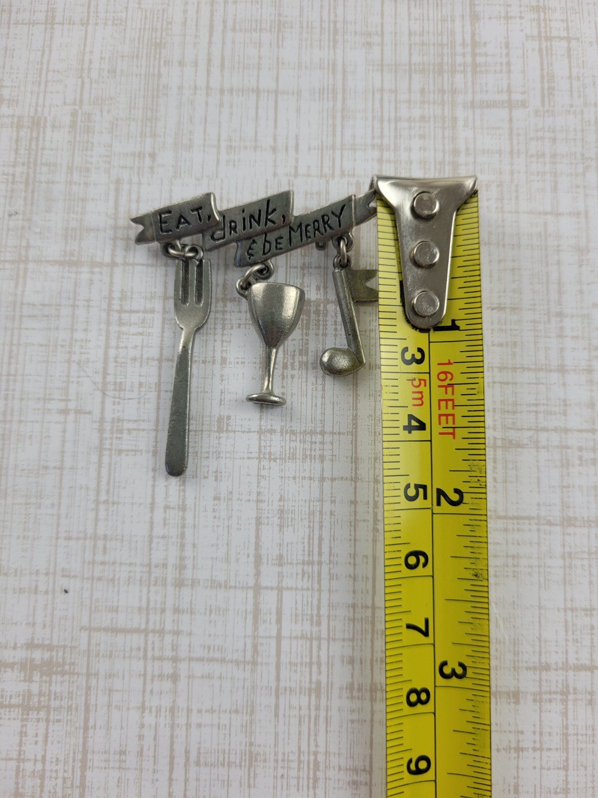 Vintage Tiny Clift Pewter Brooch Eat Drink & Be Merry Fork Wine Glass Music Note