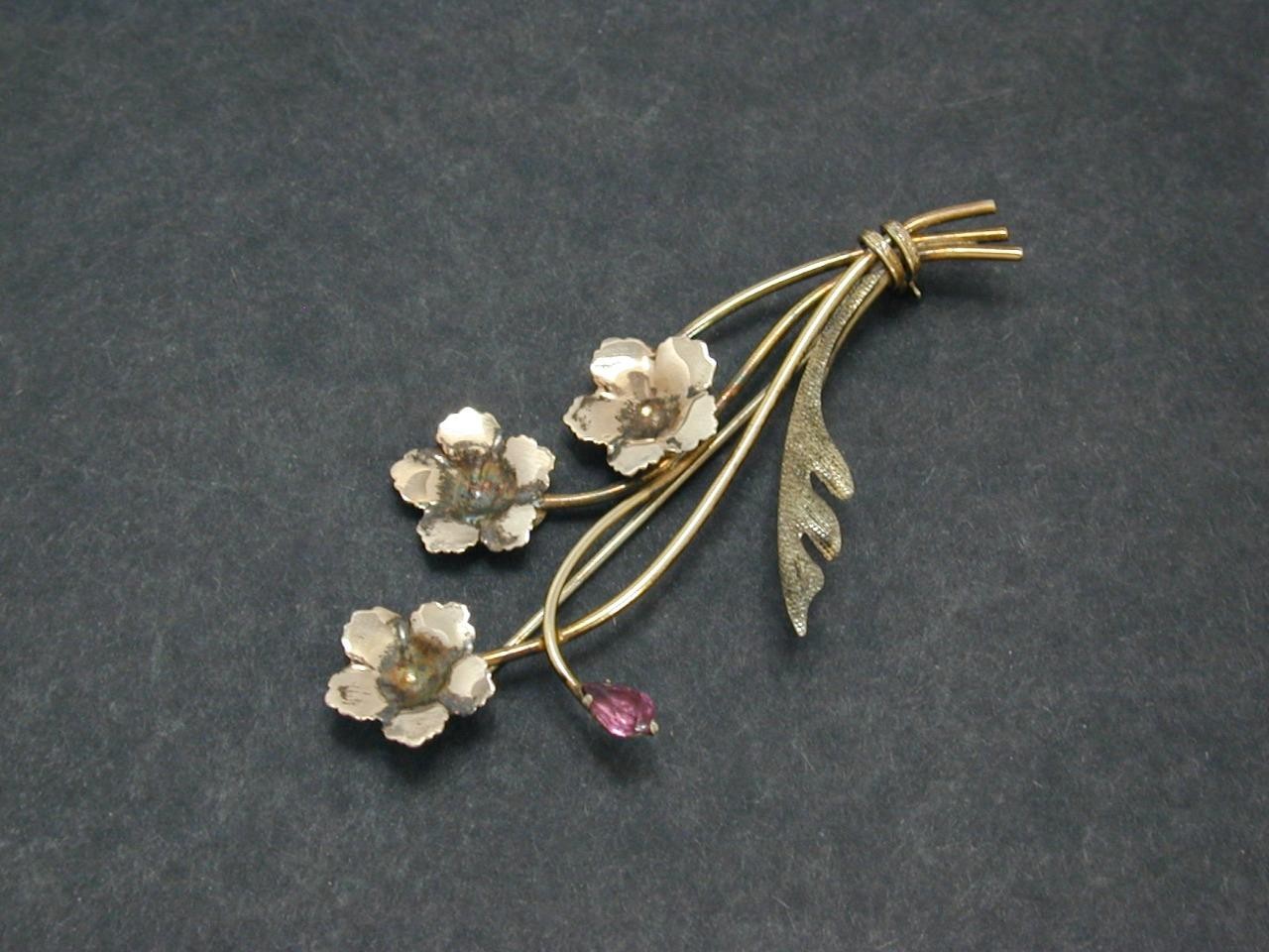 Vintage AMCO 1/20 10K Gold Filled Amethyst? Flower Bouquet Brooch Pin GF Floral