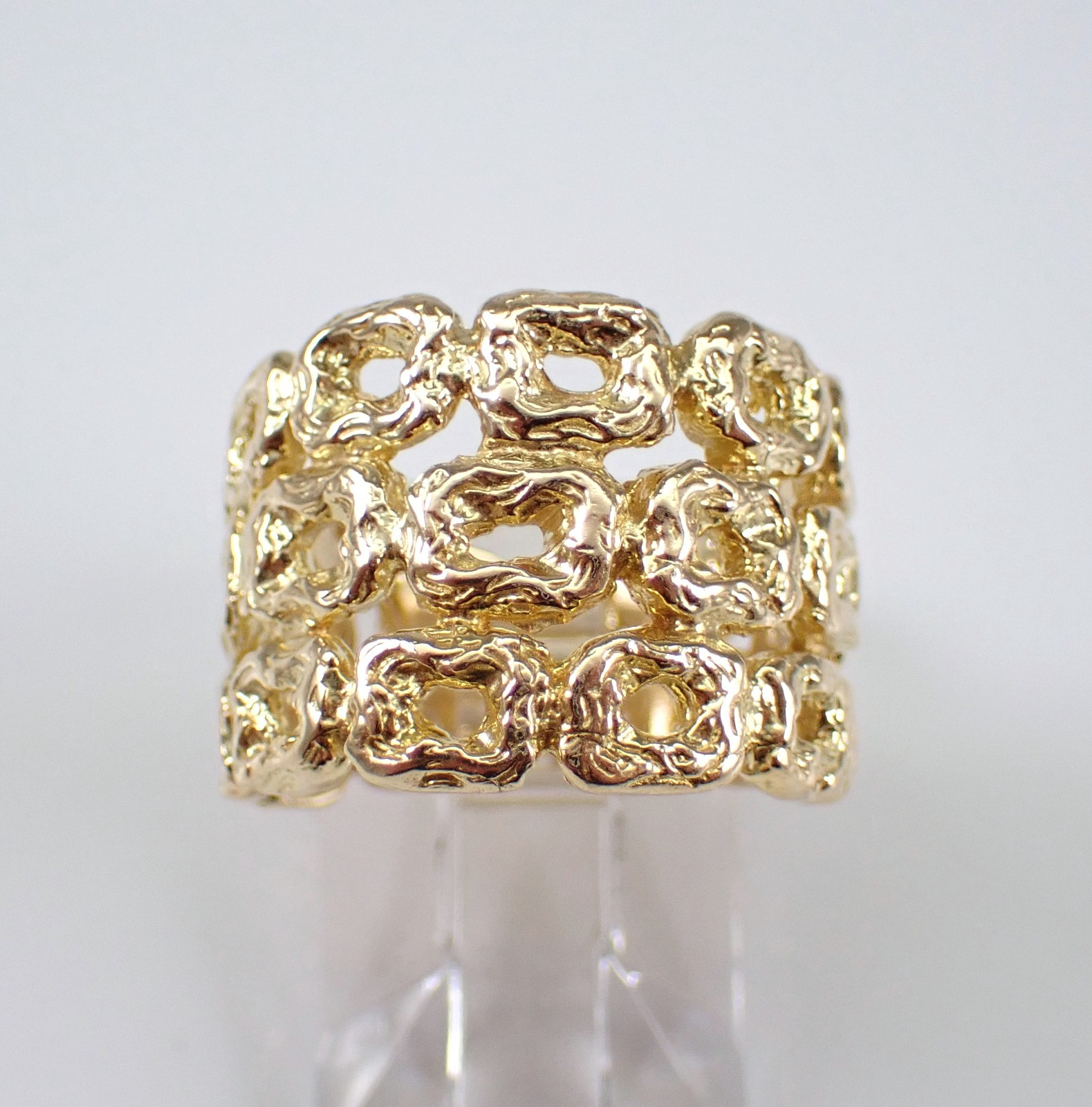 Vintage 14K Yellow Gold Multi Row Band Wide Right Hand Nugget Bamboo Chunky Ring