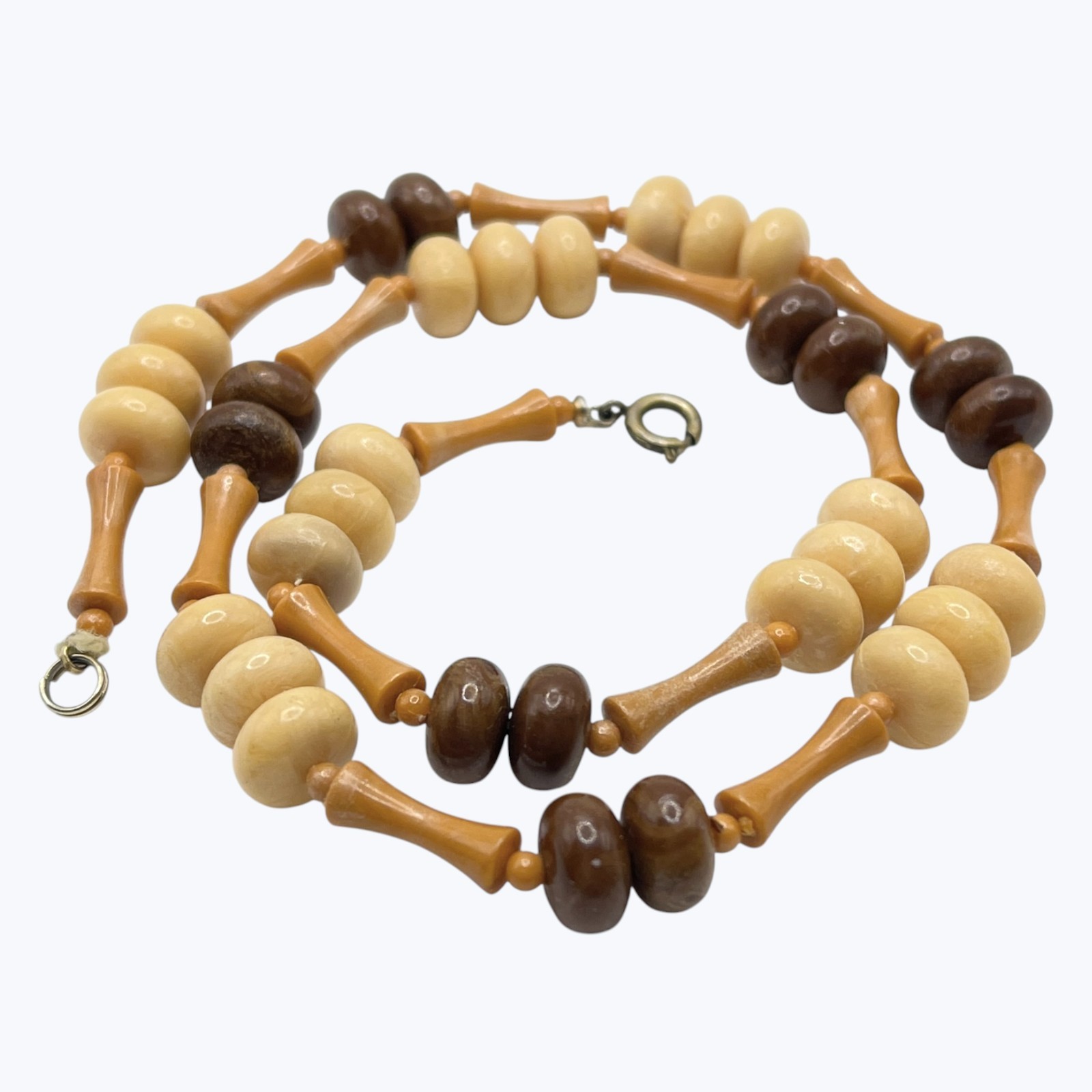 VTG Necklace Plastic Beads Brown Beige Earth Tones Hippie Tiki 19″ Lightweight