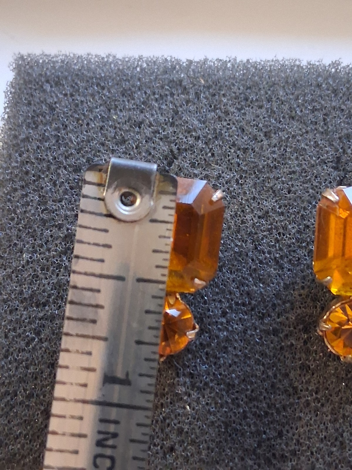 Vintage golden yellow amber color glass emerald & round cut screwback earrings