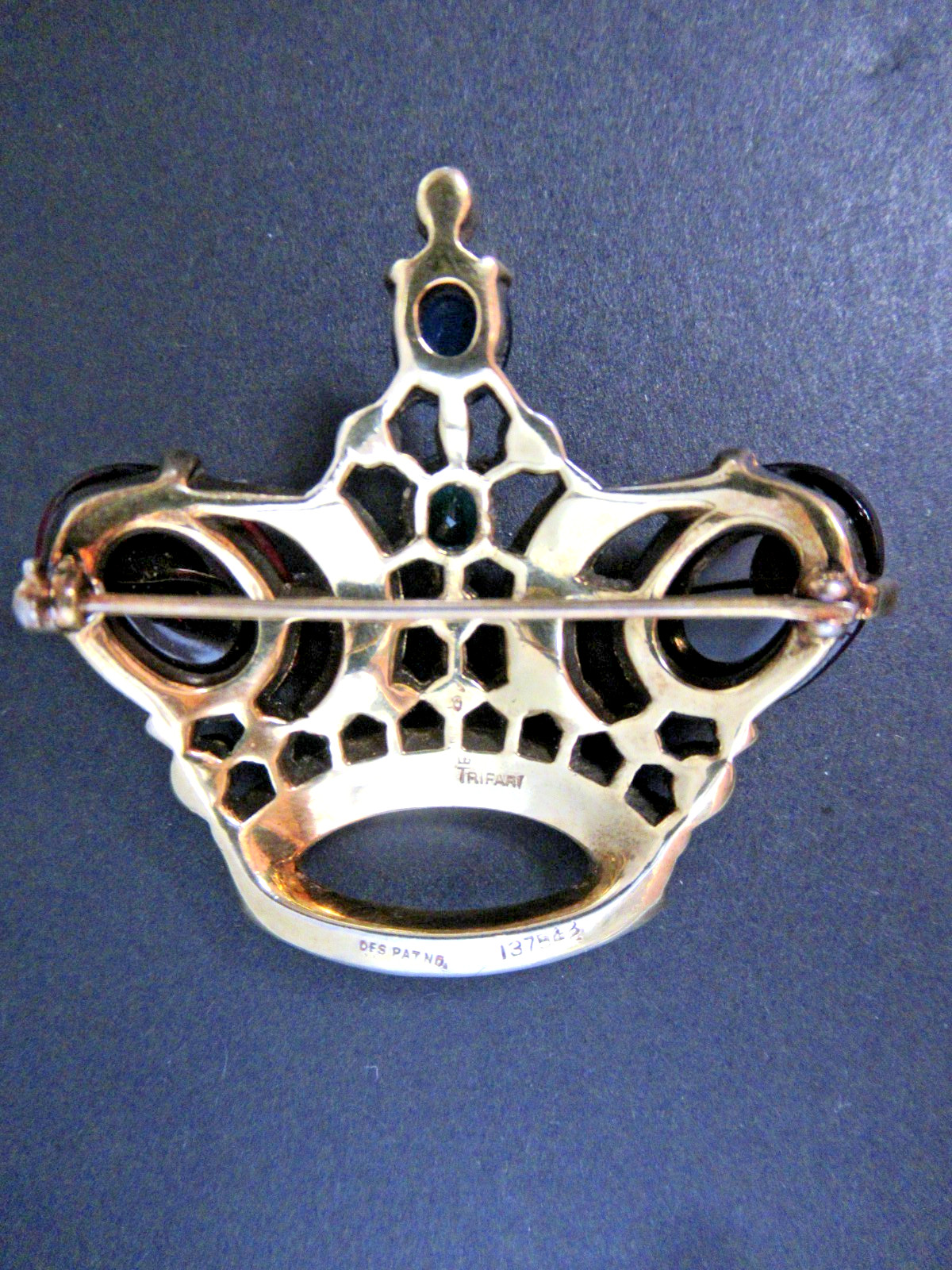 Vtg Alfred Philippe CROWN TRIFARI Red Blue Cabochon Jelly Belly LARGE Brooch