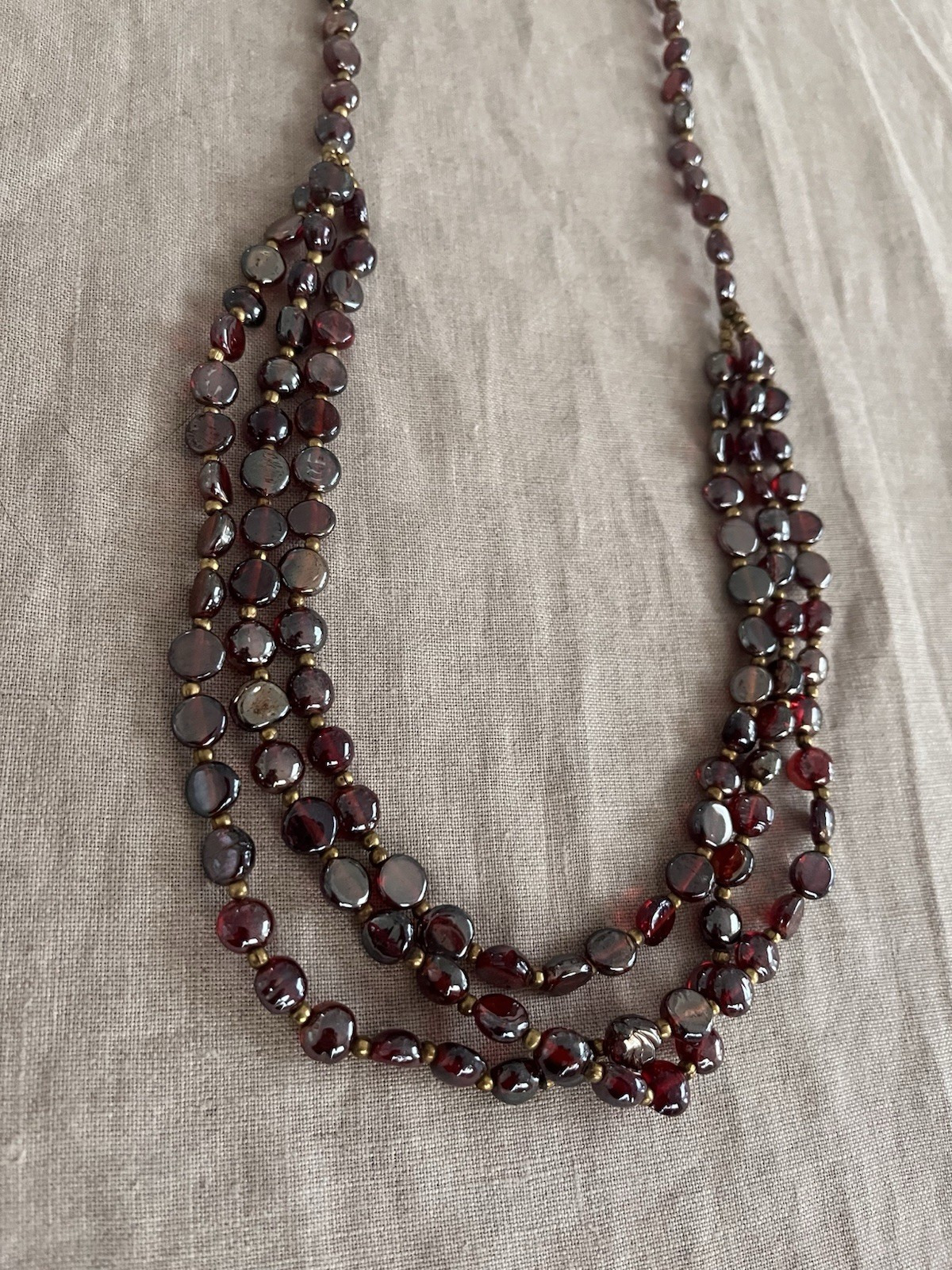 Vintage Red Garnet Iridescent Glass Gold Beaded Triple Layered 30” Bib Necklace