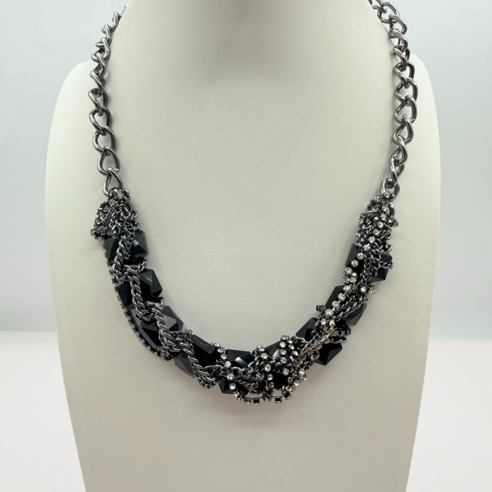 Vintage Gunmetal Tone Chunky Black Bead Choker Necklace Rhinestone Cluster Chain