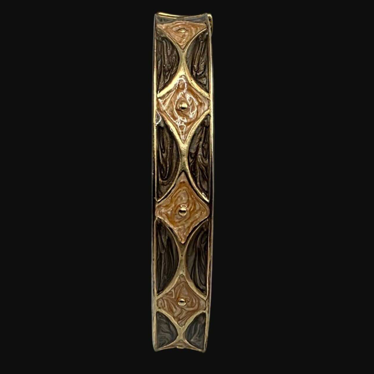 Vintage Gold-Tone Hinged Bangle Bracelet Brown Peach Enamel Geometric Cuff Boho