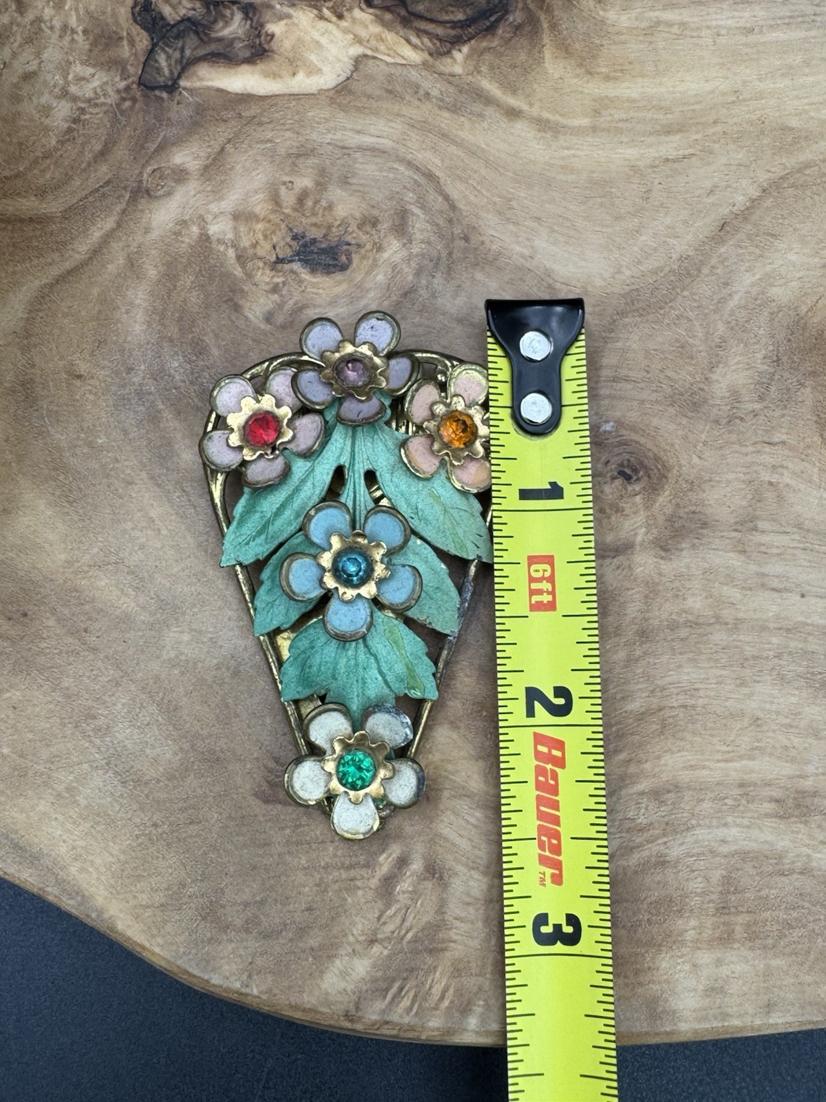 Vtg Heart Brooch Enamel Flowers Leaves Rhinestones Gold Tone