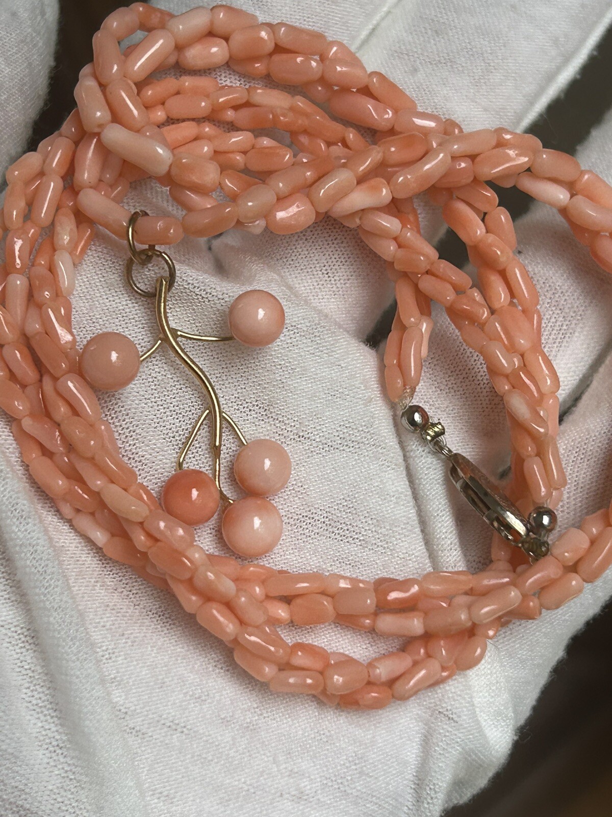 VTG Angel Skin Coral Tube Twisted Strand Necklace Pendant Genuine Pink Art Deco