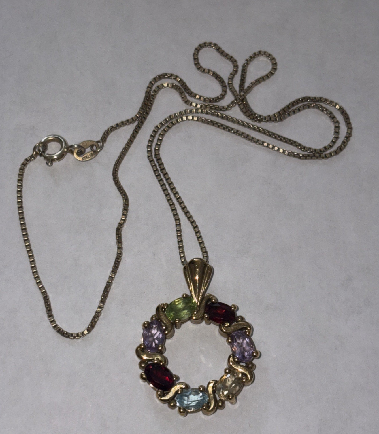 Gold Tone Sterling DBJ Multi-Gemstone Pendant Necklace Italy 17″ Long 925 Chain