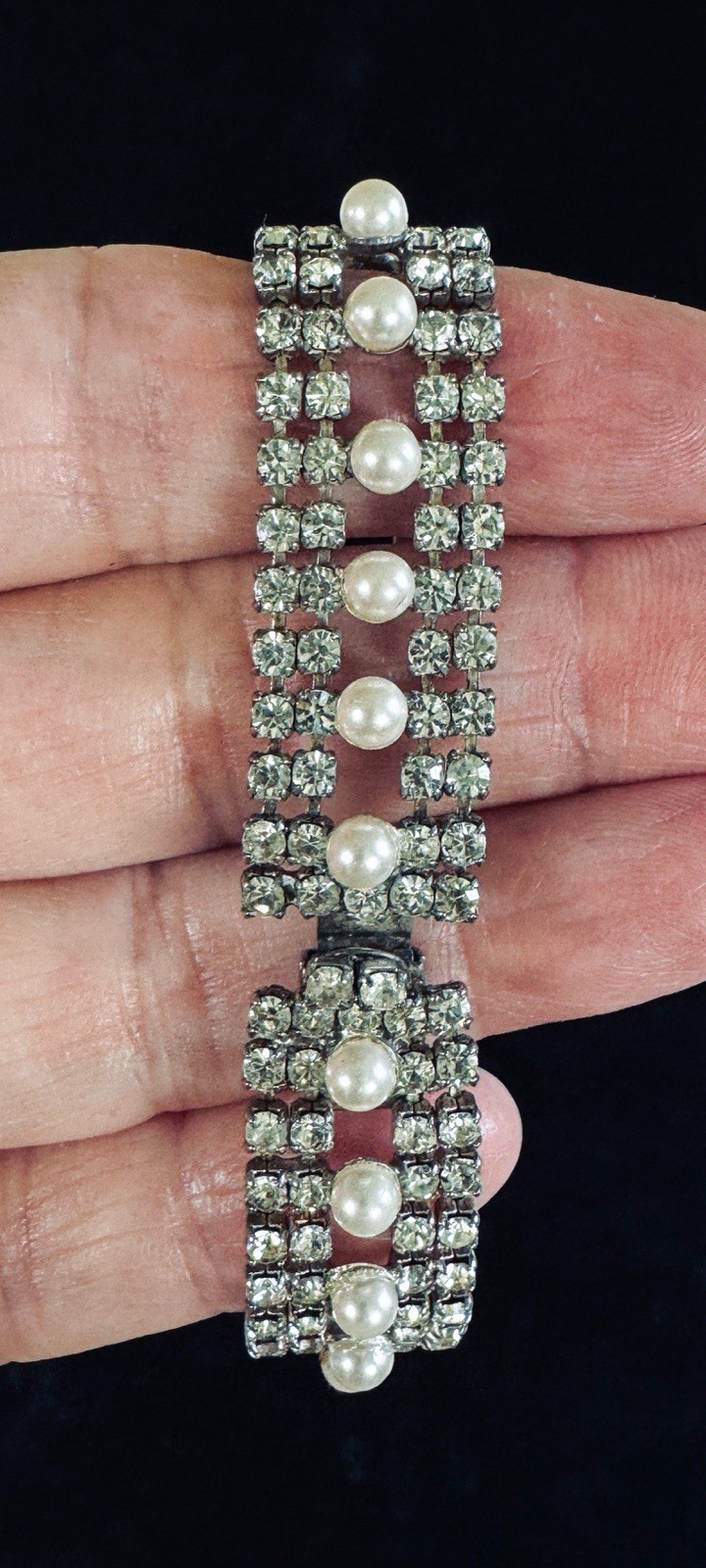 Vintage Multi Strand Clear Round Rhinestones and Faux Pearls Bracelet Box Clasp