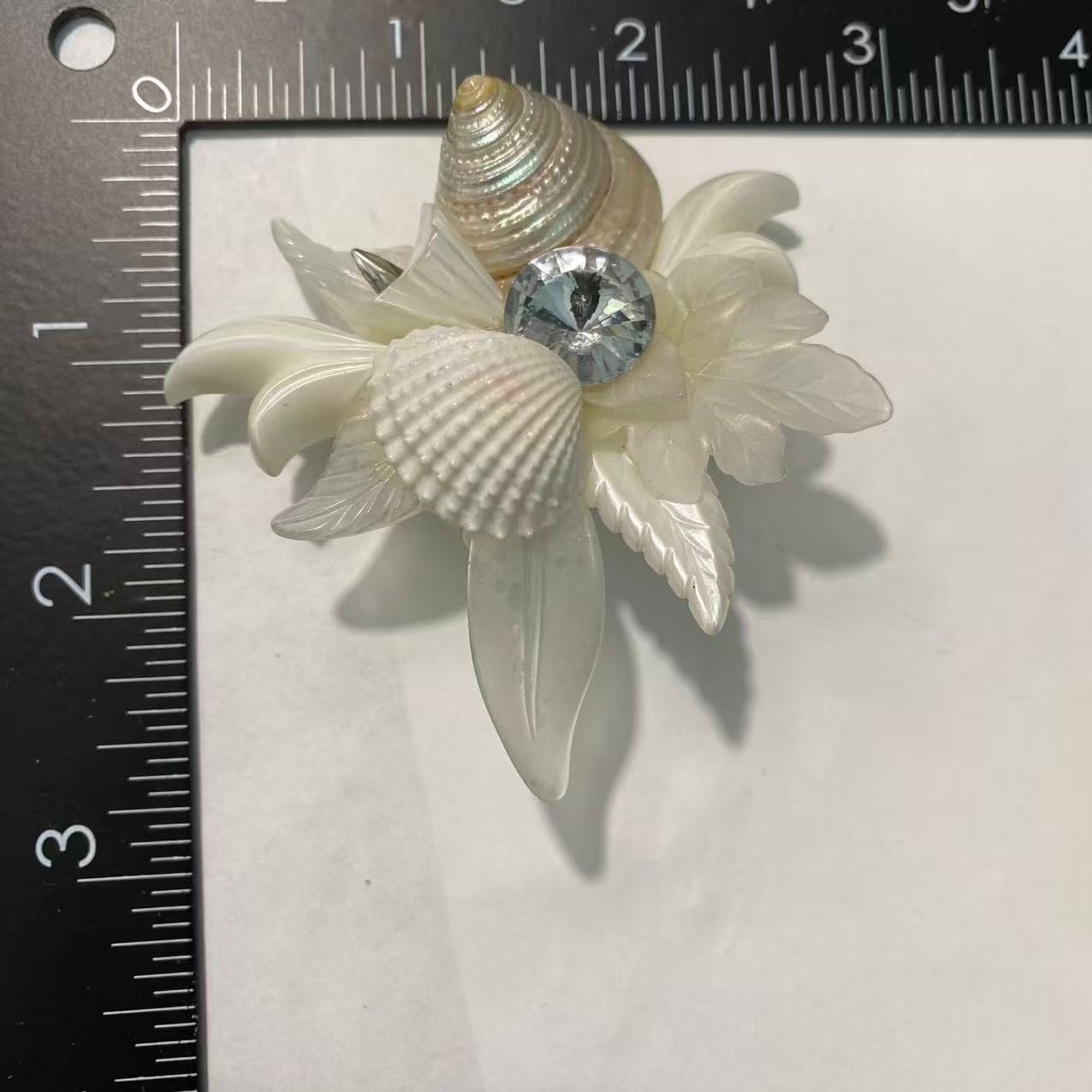 Vintage Sea Shell Acrylic Brooch Large Statement Tropical Beach Rhinestone Pin