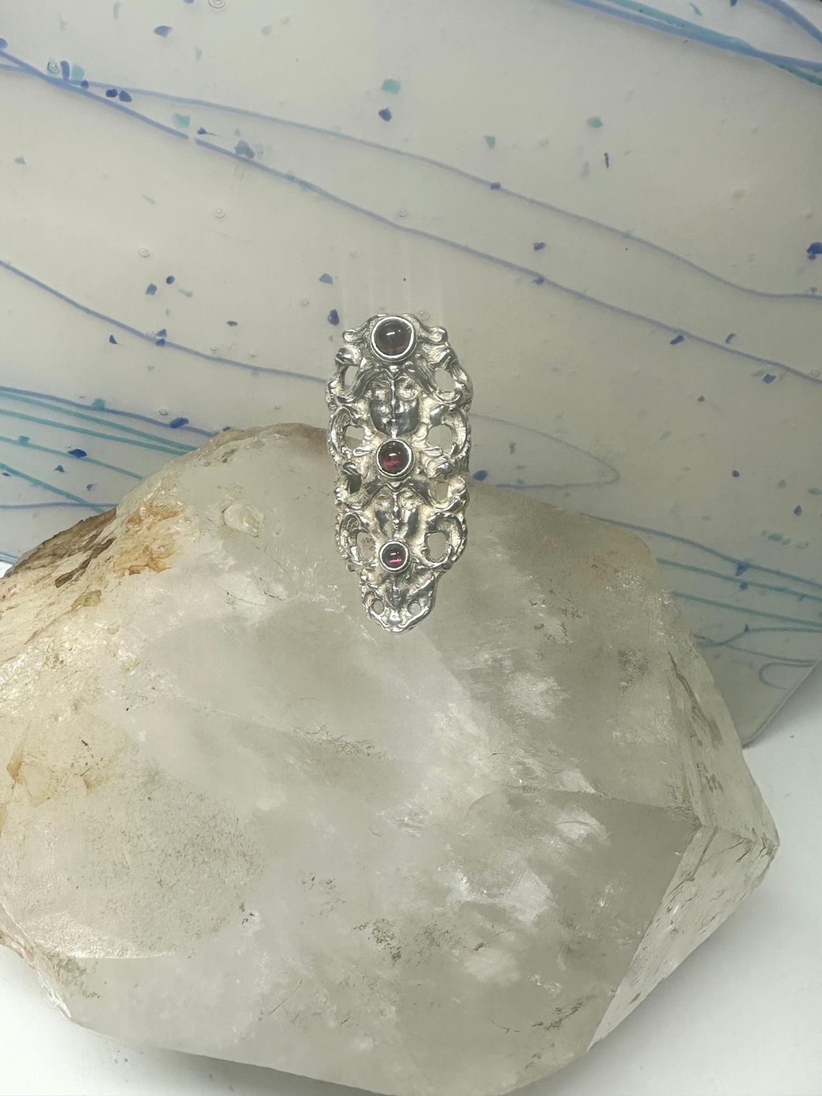 Face ring long figurative Art Deco influences garnets size 5.75 sterling silver