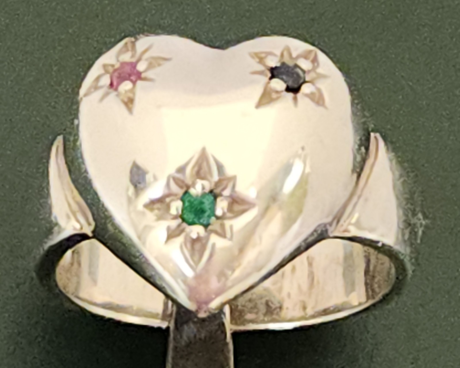 Sterling Silver Puffy Heart Star Set Genuine Ruby Sapphire Emerald Ring 6.5