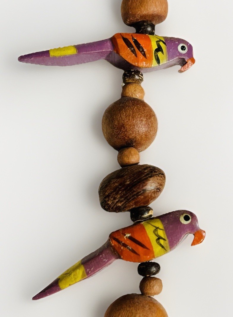 Vintage Lot of 2 Statement Necklaces Wood Hand Painted Parrots & Ceramic Cube