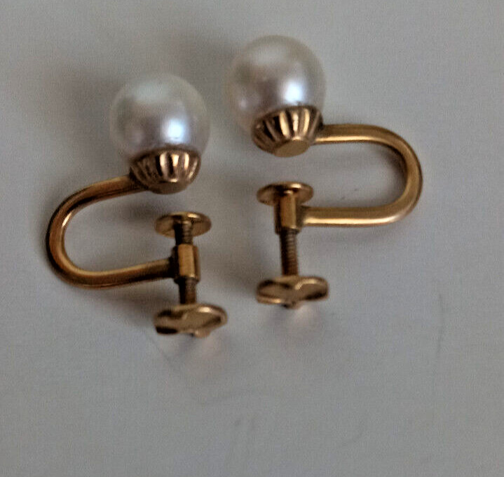 Gold Filled 3-4mm White Genuine Pearl Earrings Signed Vintage Jewelry #39