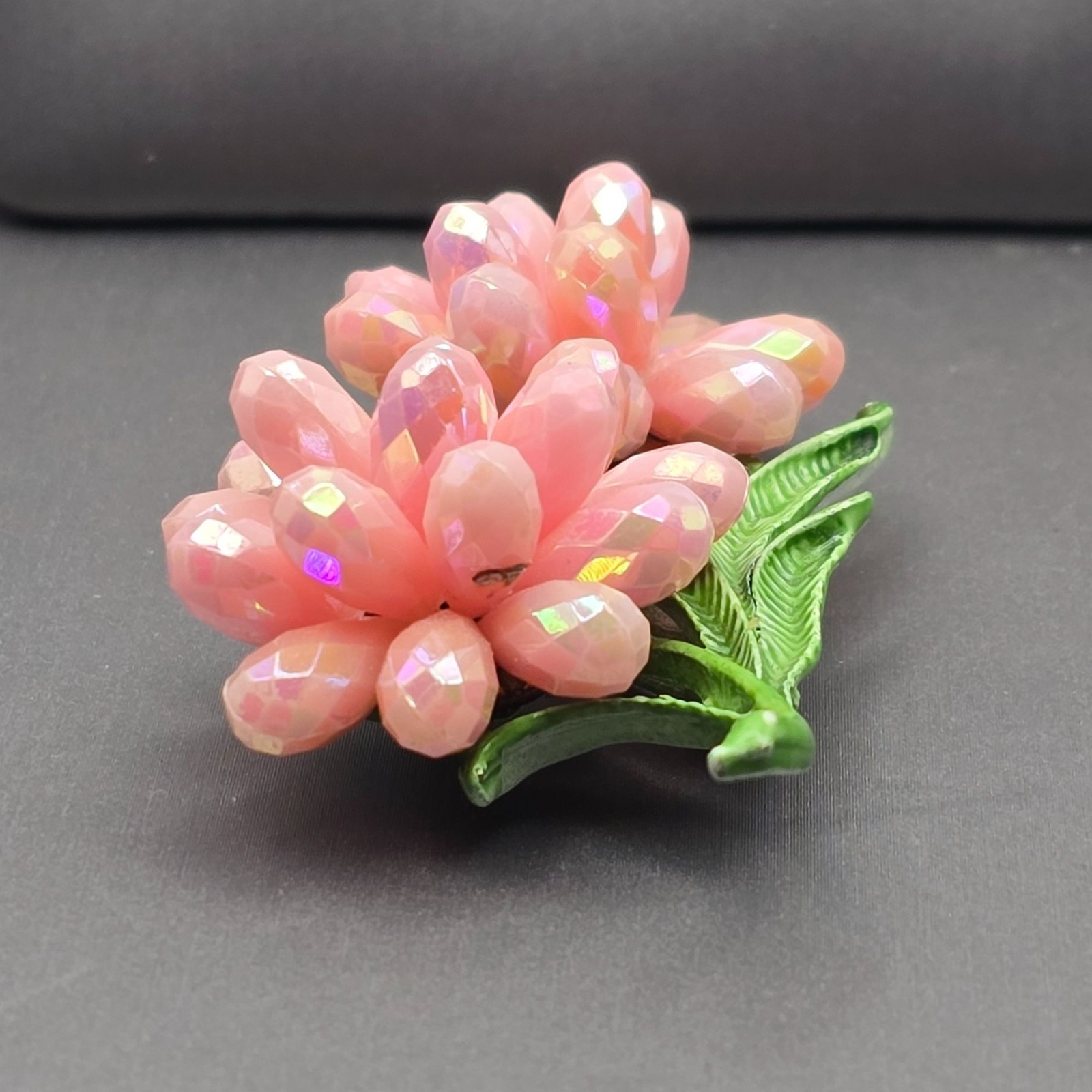 VTG AB Pink Resin Beaded Floral Brooch Green Leaf Double Flower Unsigned