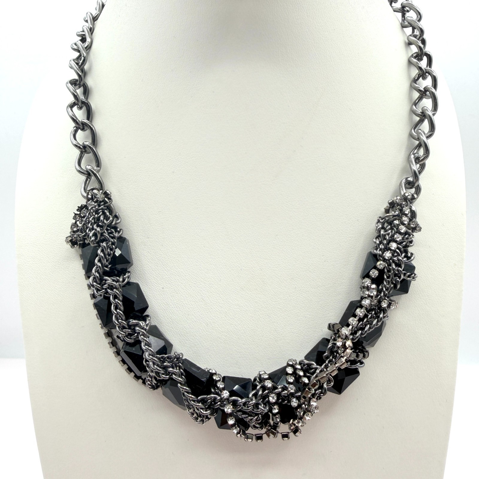 Vintage Gunmetal Tone Chunky Black Bead Choker Necklace Rhinestone Cluster Chain