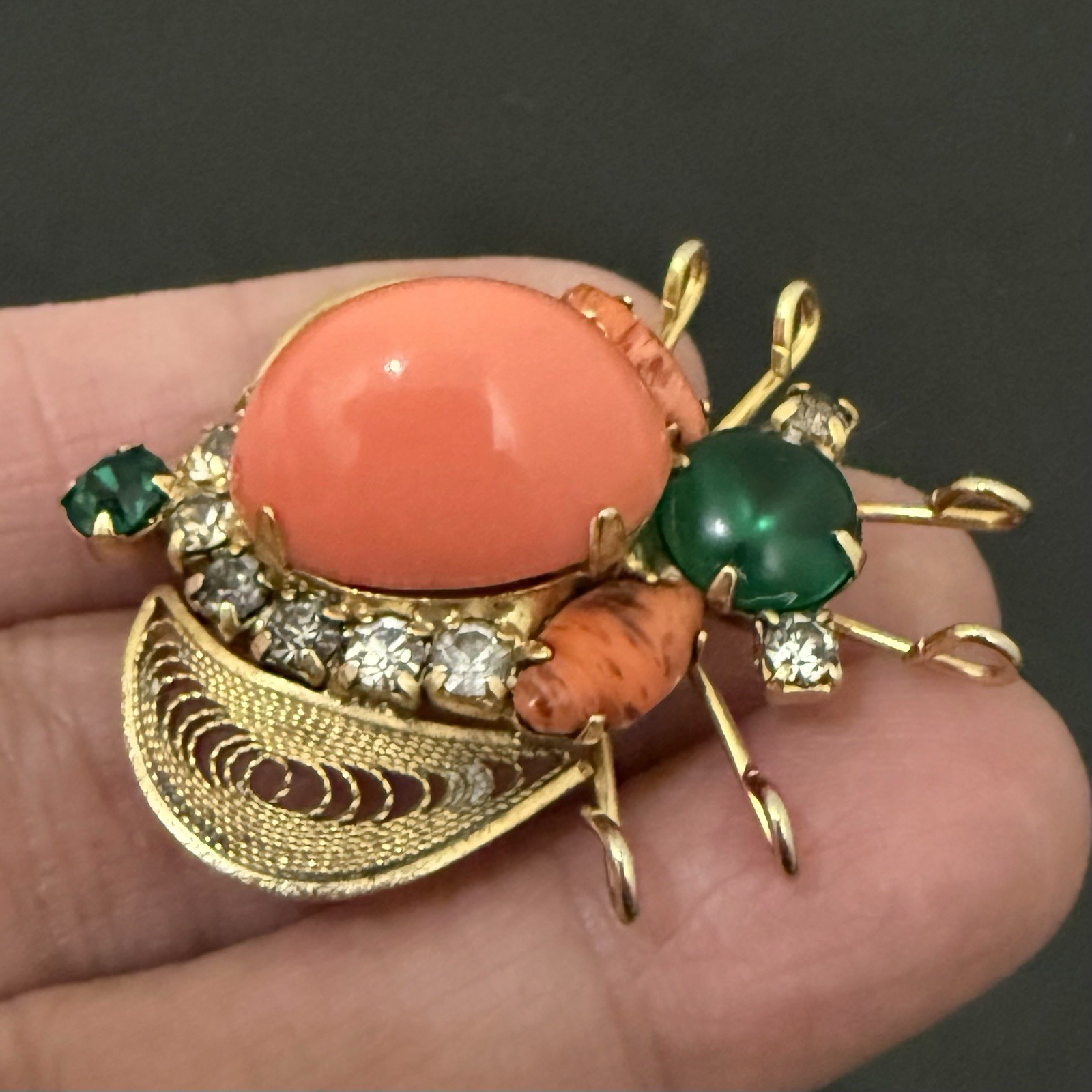 Rare Juliana Delizza & Elster Faux Coral Cabochon Rhinestones Beetle Bug Brooch