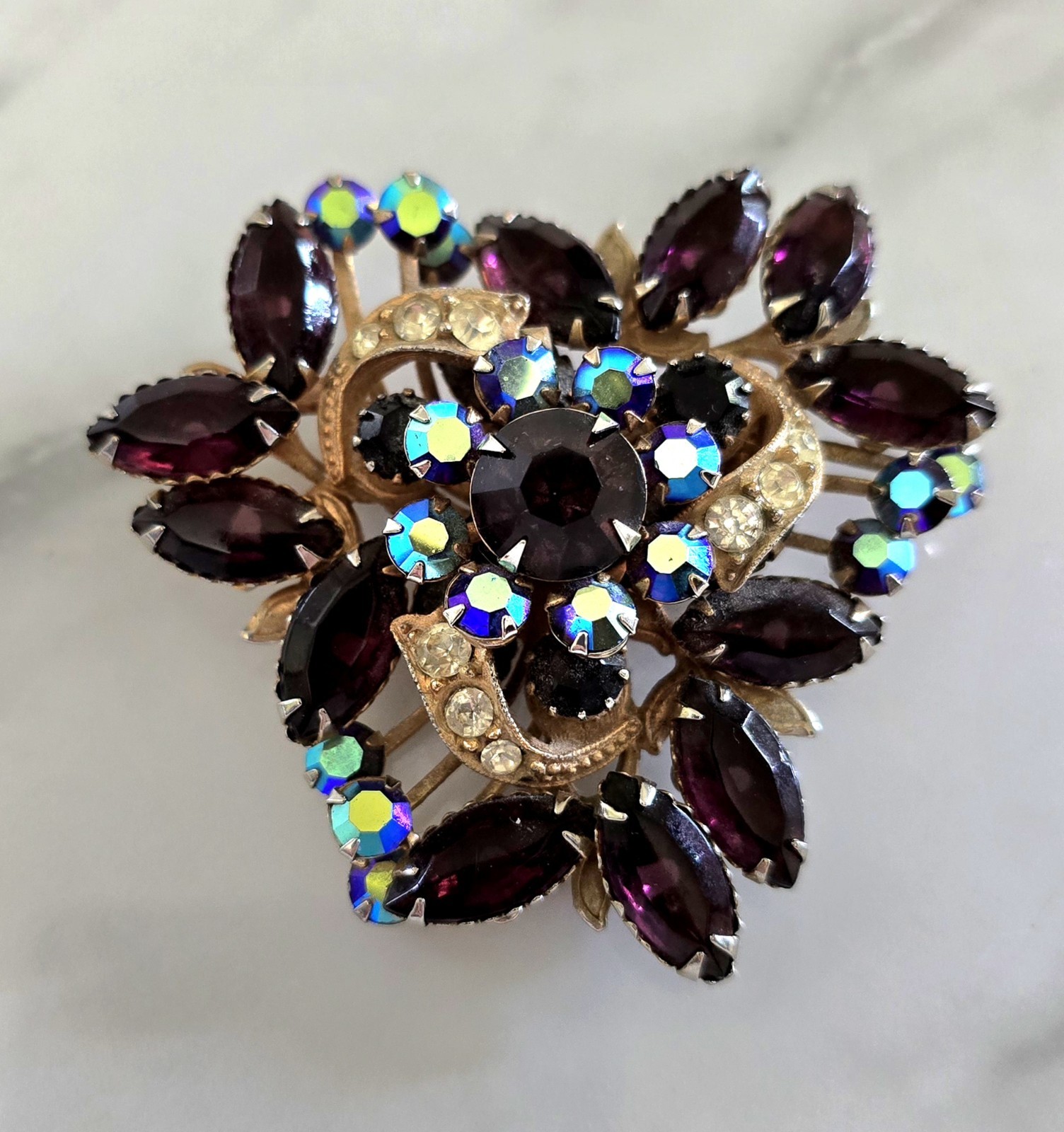 Vintage Purple And AB Blue Rhinestone Brooch