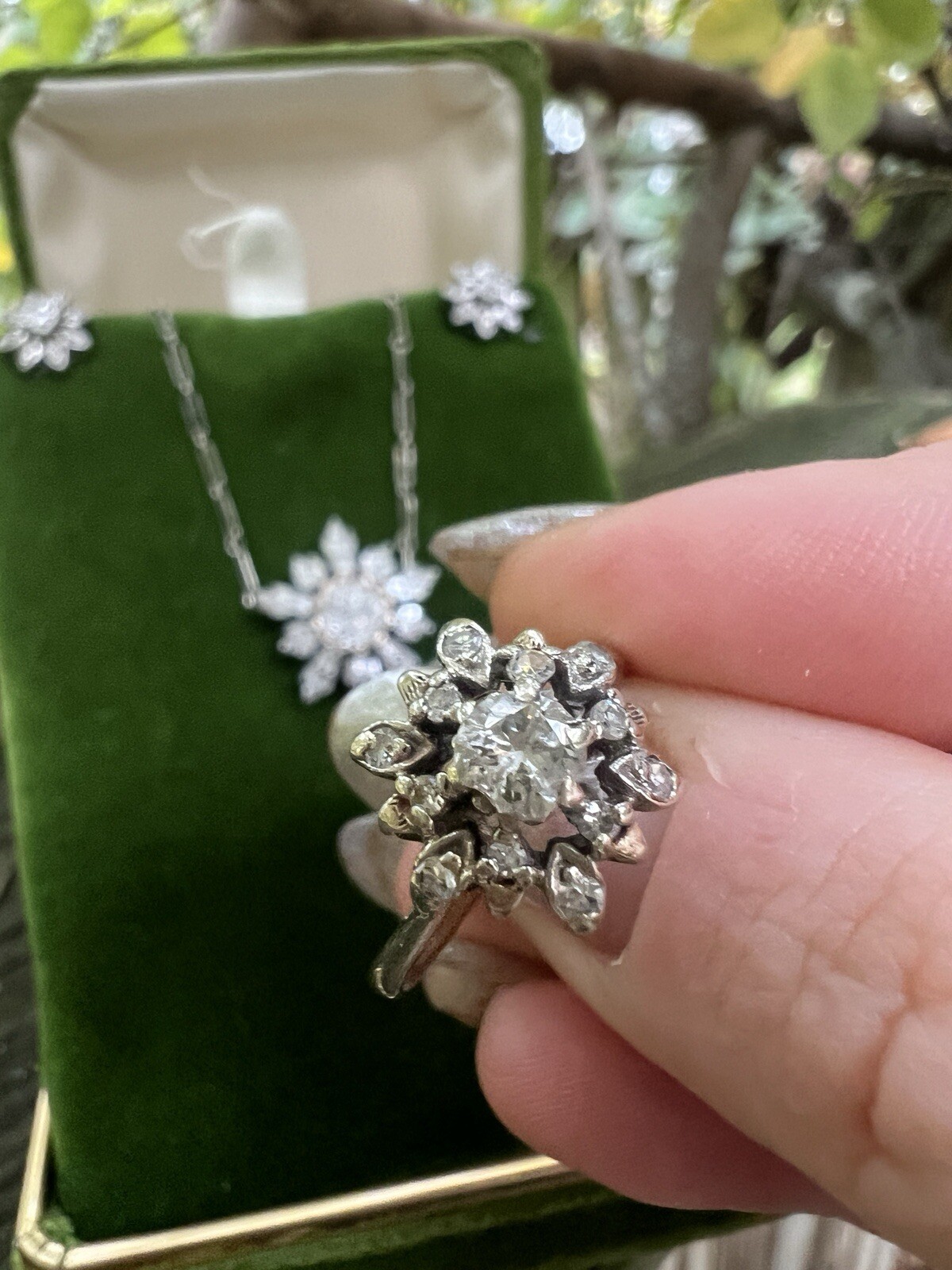 Vintage 14k gold DIAMOND snowflake jewelry set – earrings, ring – great gift!