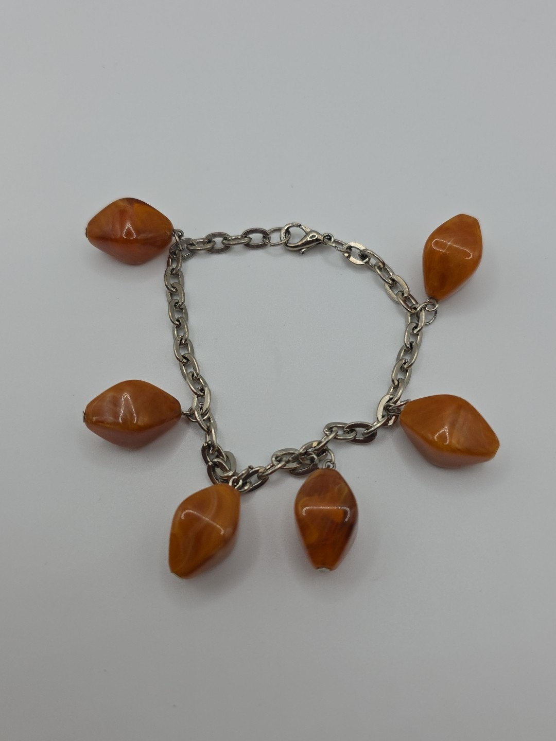 Vintage Marbled Orange Acrylic Charm Bracelet Chunky Retro Dangle Drop Charms