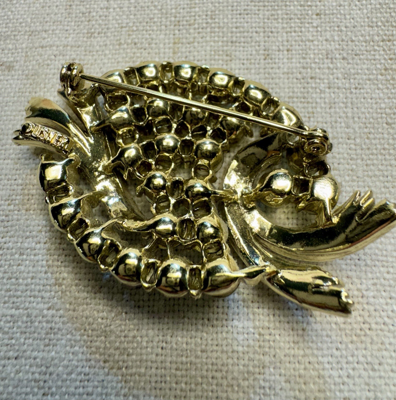 Vintage Signed Lisner Teal Blue AB Gold Tone Swishes Brooch Rare Beauty!