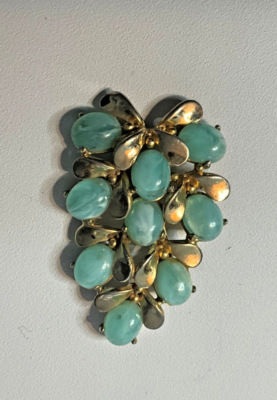 Vintage Aqua Glass Cabochons Gold Tone Leaves Brooch Pin Approximately 2 inches