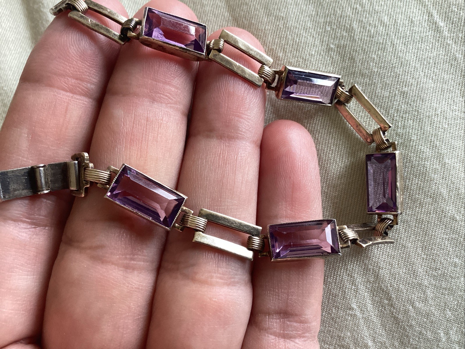 Vintage Sterling Silver 14 K Gold Purple Glass Line Bracelet 7.25”
