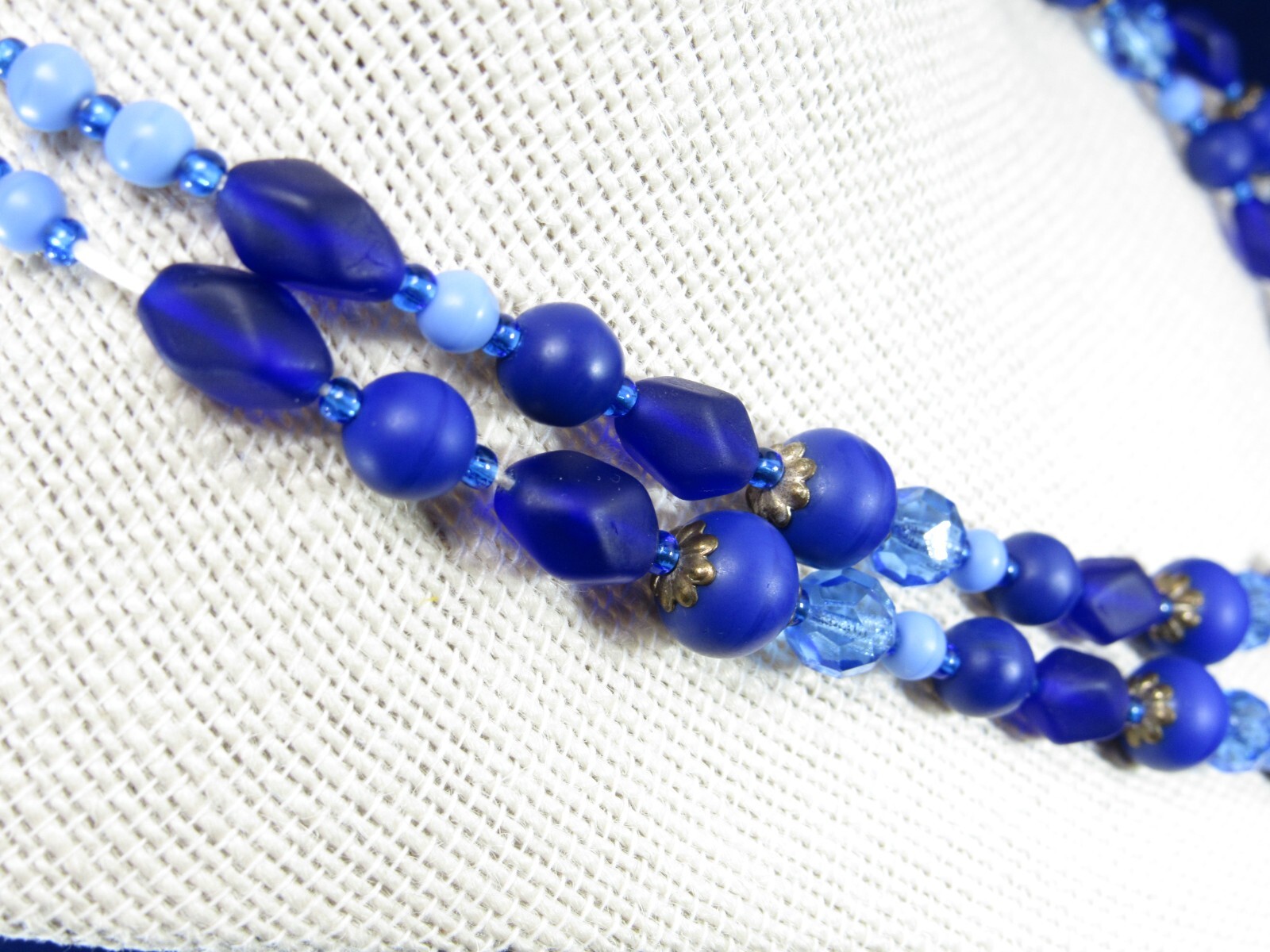 Vintage Blue and Purple 2 Strand Art Glass Bead Necklace with Sea Glass Finish.