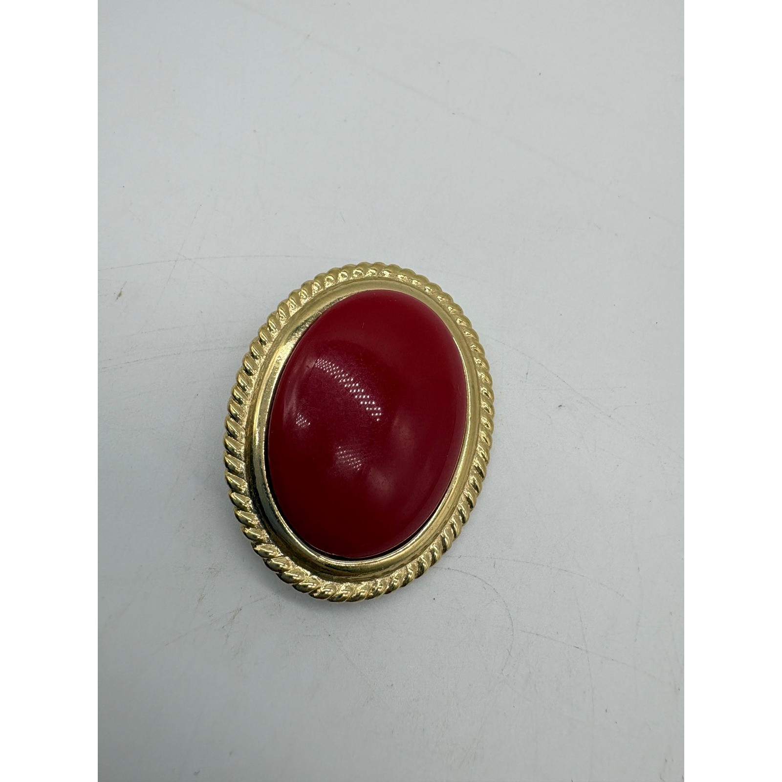 Vintage Gold Tone Red Cabochon Oval Brooch and Clip On Earrings Jewelry Set