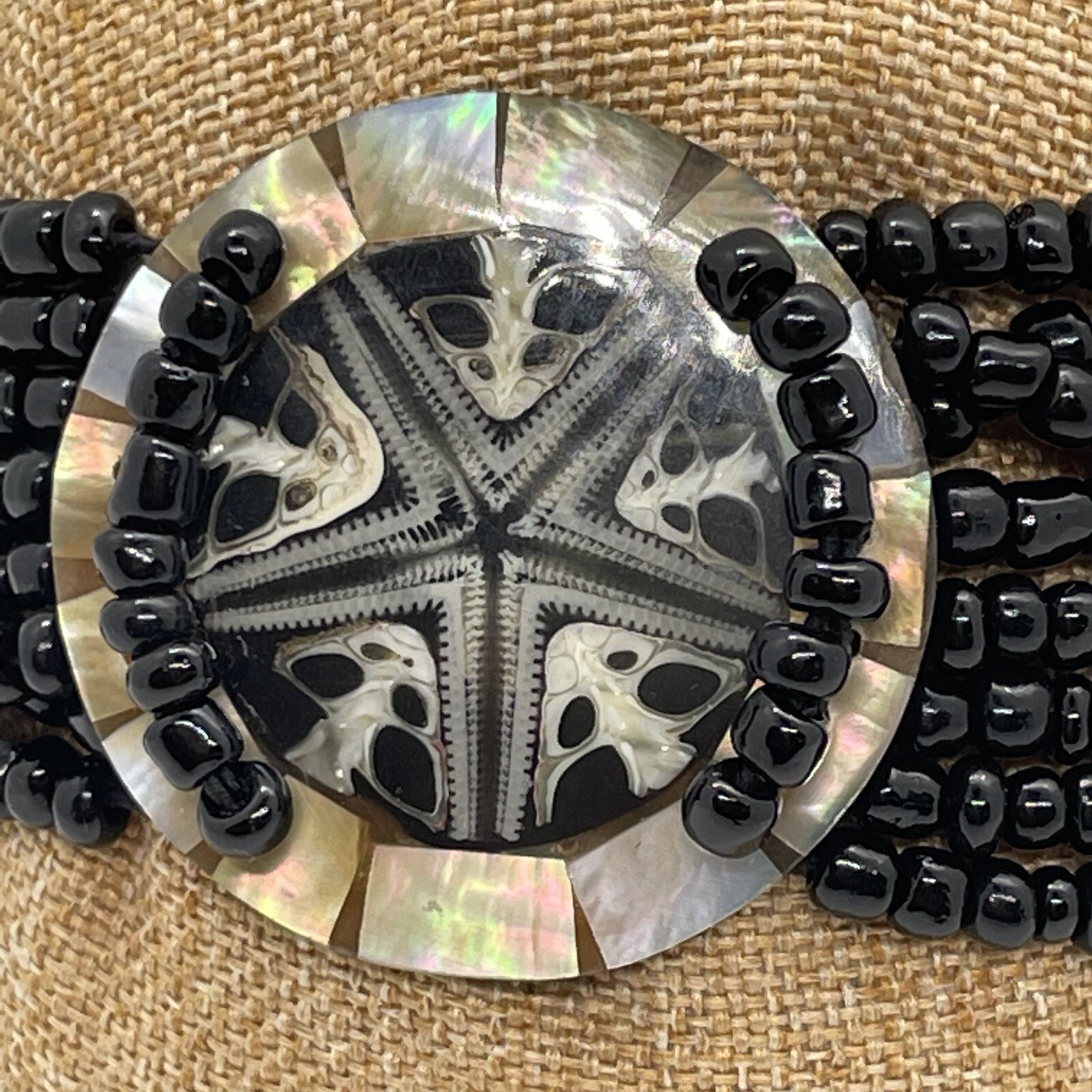 Starfish Stretch Cuff Bracelet MOP Mother Of Pearl And Black Seed Bead