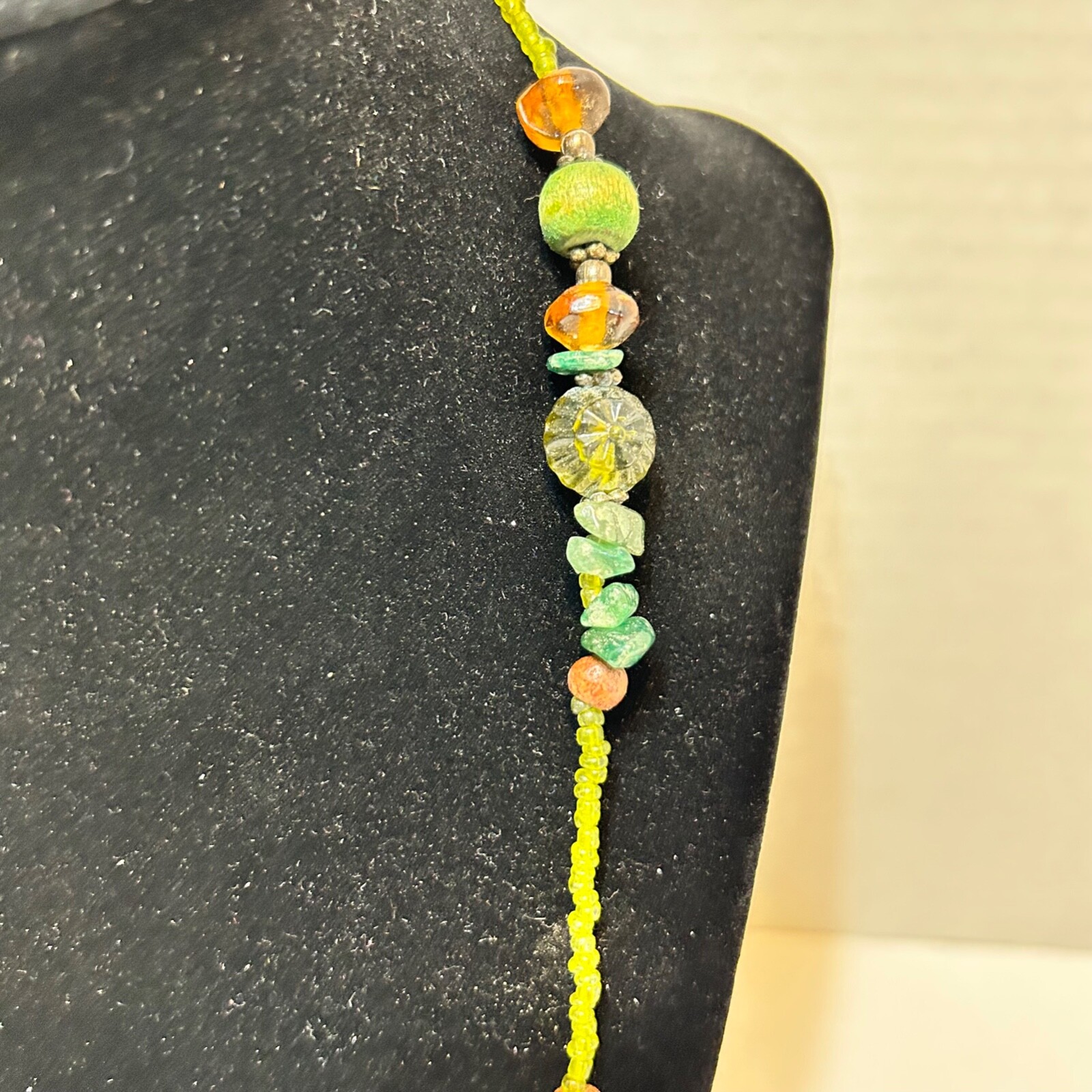 Vintage Womens Pull Over Necklace Multi Beads Wood Rock Plastic Multicolor 19″